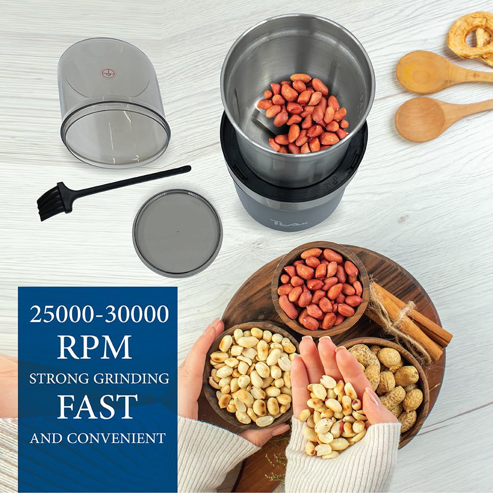 Electric Coffee Grinder & Spice Grinder - 200W Powerful Copper Motor, Removable Stainless Steel Blades for Fresh Coffee Beans & Herbs - Perfect for Home Brewing, Espresso & Cooking (Black)