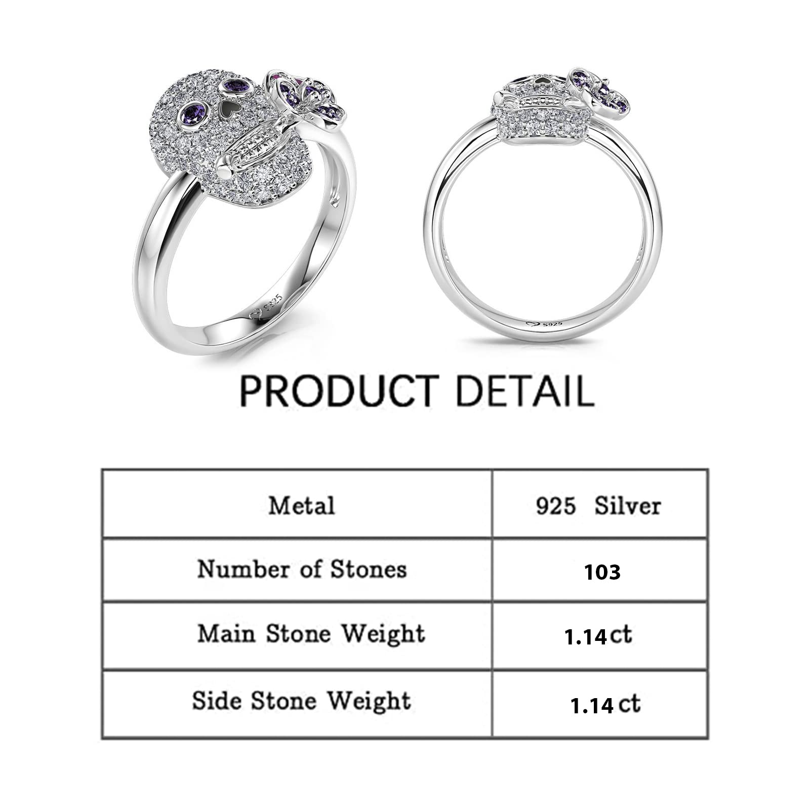 Jeulia Sterling Silver Skull Engagement Ring Set with Heart Cut White Diamond & Cubic Zirconia Flower Design - Wedding, Promise, Anniversary Jewelry for Women & Brides (Gift Box Included) - Perfect for Gothic Weddings, Unique Proposals & Alternative Fashion Statements