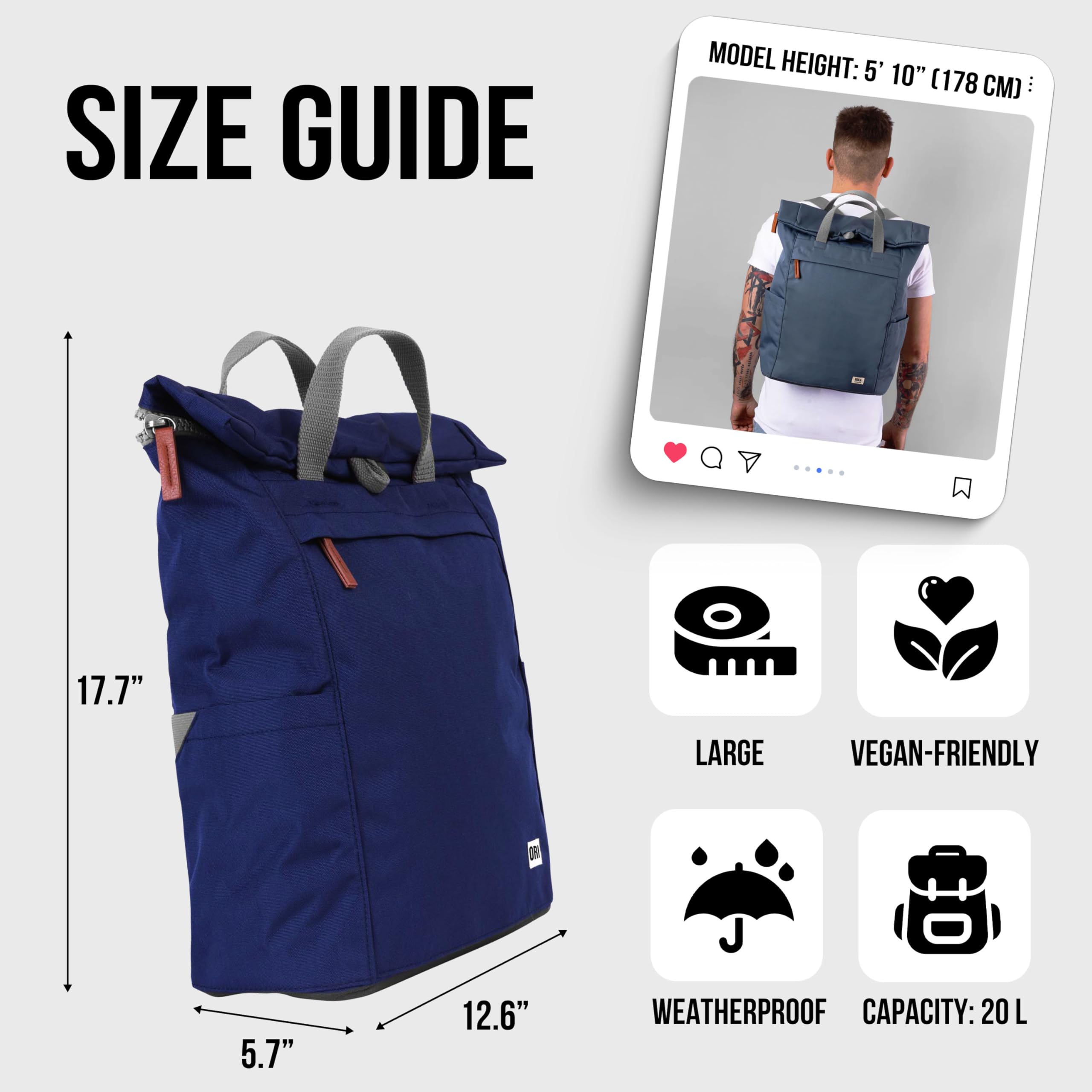ORI LONDON Rolltop Backpack - Large Waterproof Travel Backpack with 15+ Pockets for Men & Women - Durable Finchley Ash Backpack for Hiking, Commuting & College Students