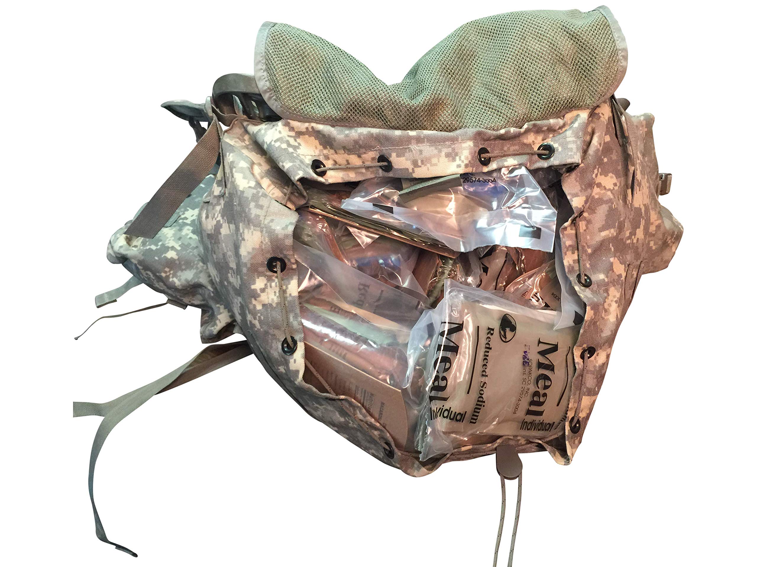 MOLLE II ACU Ruck Military Backpack - Tactical MRE GO Bag with 28 Meals Ready to Eat - Perfect for Camping, Hiking, Survival & Emergency Preparedness