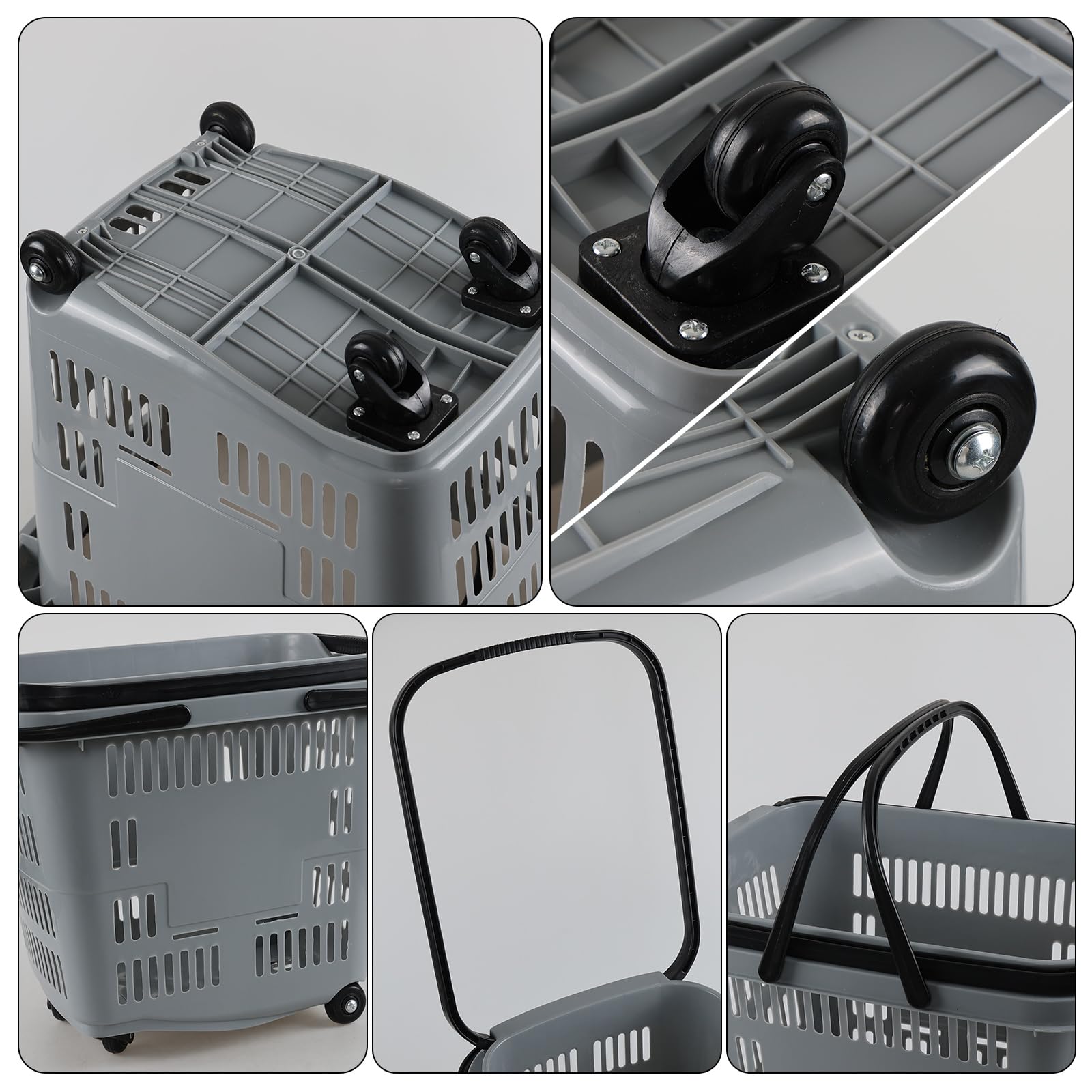 50L Rolling Shopping Basket with Wheels & Handle - 4-Pack Grey Plastic Grocery Cart for Supermarkets, Farmers Markets & Home Storage