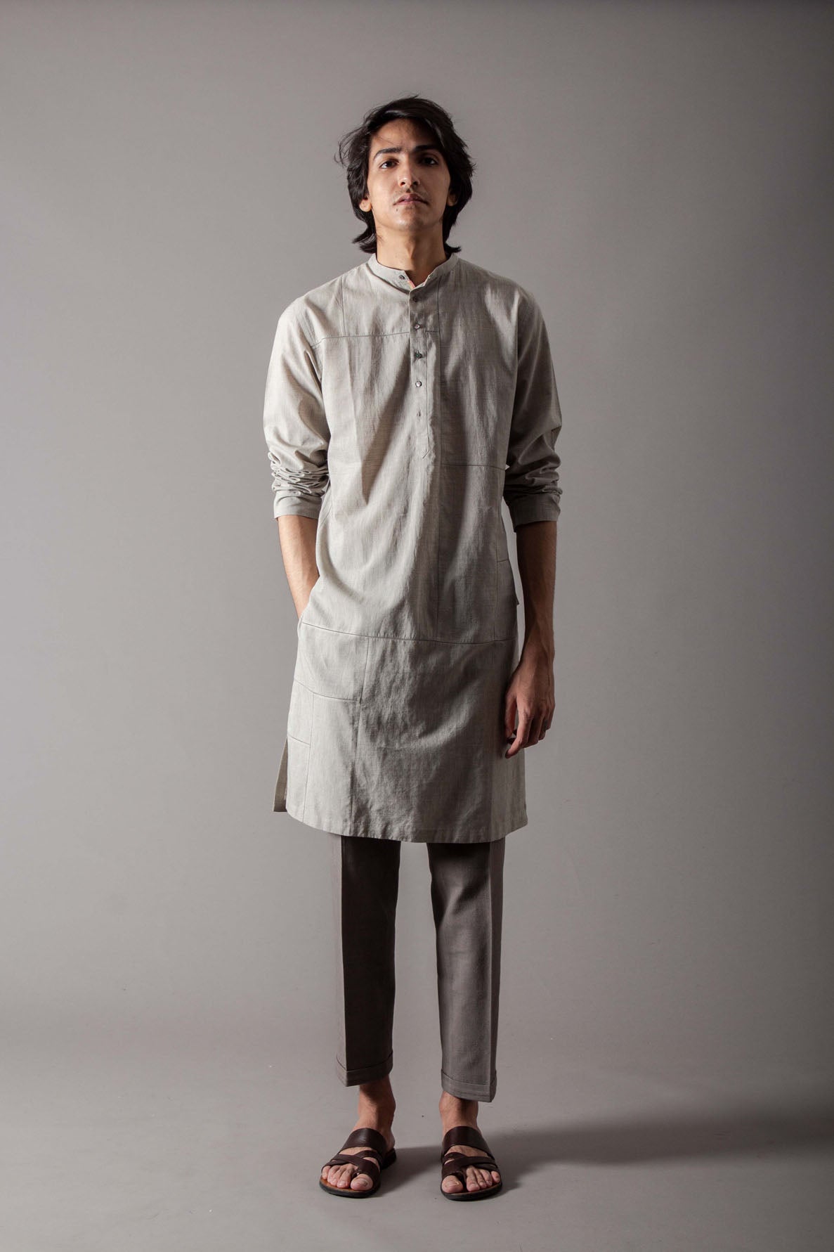 Andaaz Lattice Kurta - Handspun Handwoven Cotton Grey Chambray Tunic Top for Women | Boho Chic Ethnic Wear for Casual Outings & Festive Occasions
