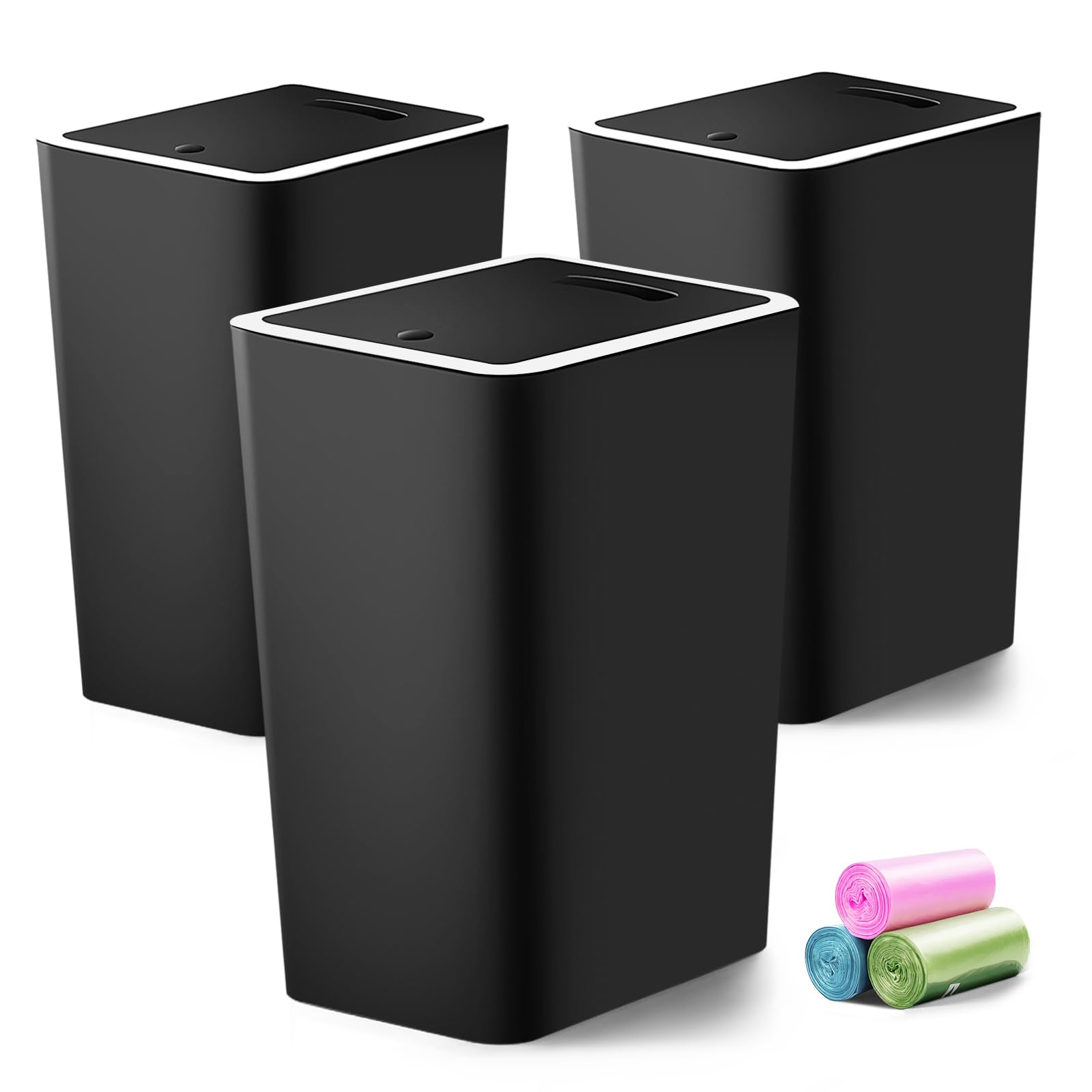 3-Pack 4-Gallon Small Trash Can with Press-Top Lid - Slim Bathroom Garbage Bin with Trash Bags - Perfect for Dorm, Office, Kitchen, Bedroom & Living Room - Space-Saving Waste Basket for Small Spaces (Black)