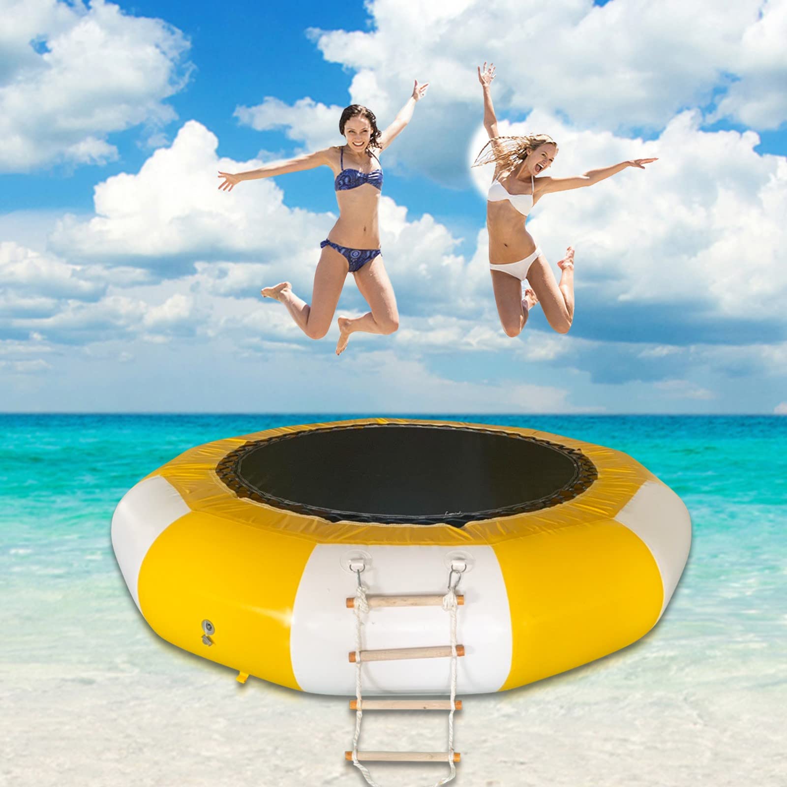 **6.5FT/10FT Inflatable Water Trampoline with Electric Pump, 4-Step Ladder & Repair Kit - Portable Bouncer for Lakes, Pools & Calm Seas - Fun for Swimming, Backyard Parties & Summer Water Activities**