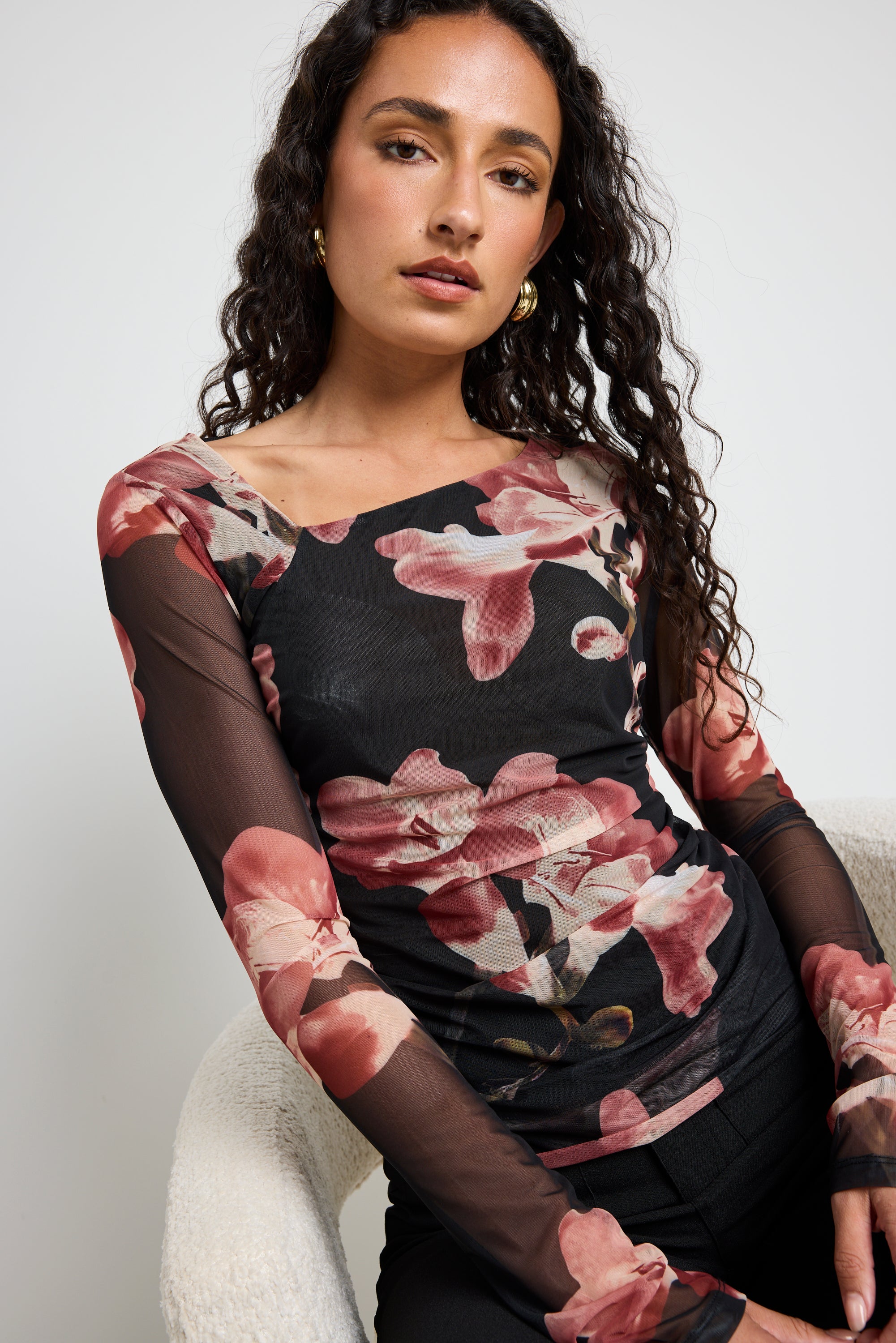 Trendy Askew Blush Floral Mesh Asymmetrical Long Sleeve Top for Women | Elegant Loose Fit Blouse | Perfect for Date Night, Party & Casual Outings