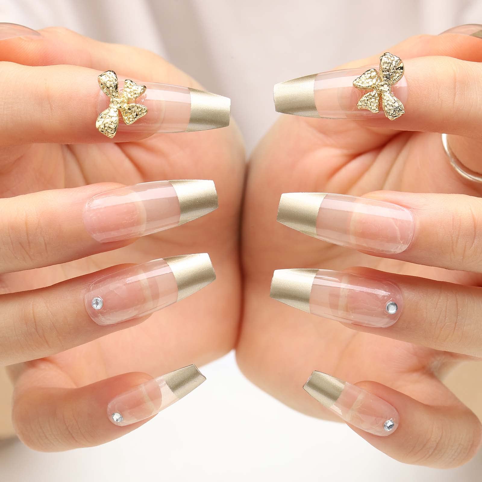 Acenail Press on Nails - Medium Length Glossy Fake Nails with 3D French Tip Designs, 24Pcs Clear Full Cover Artificial Acrylic Nails for Women & Girls (#3 French Bow) - Perfect for Parties, Weddings & Special Occasions