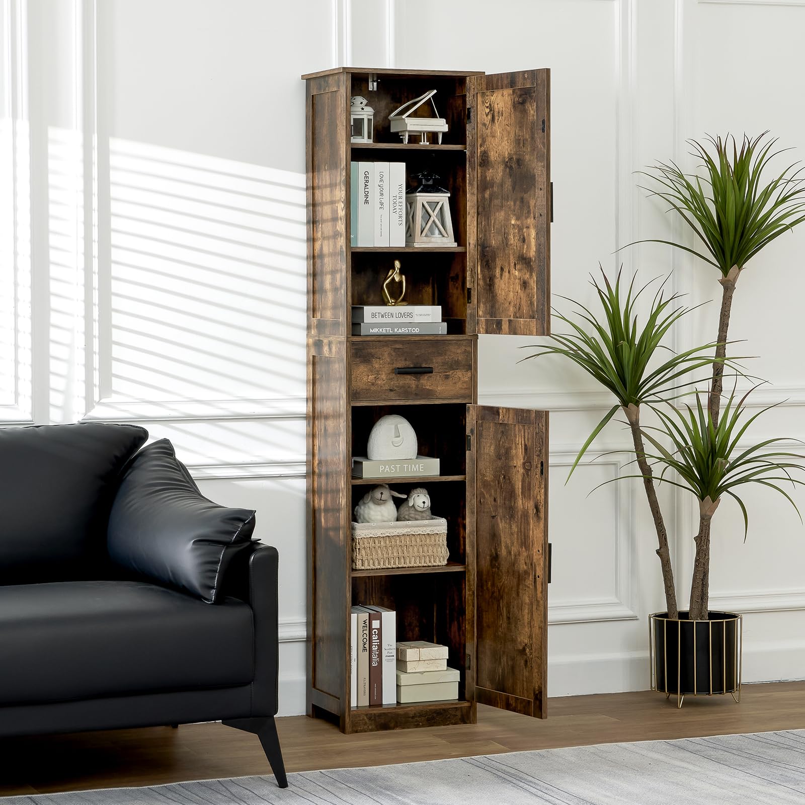 WEENFON 6-Shelf Tall Storage Cabinet with Drawer, Adjustable Shelves Narrow Bathroom Cabinet - Rustic Brown Organizer for Living Room, Home Office, Bedroom & Bathroom Storage Solutions