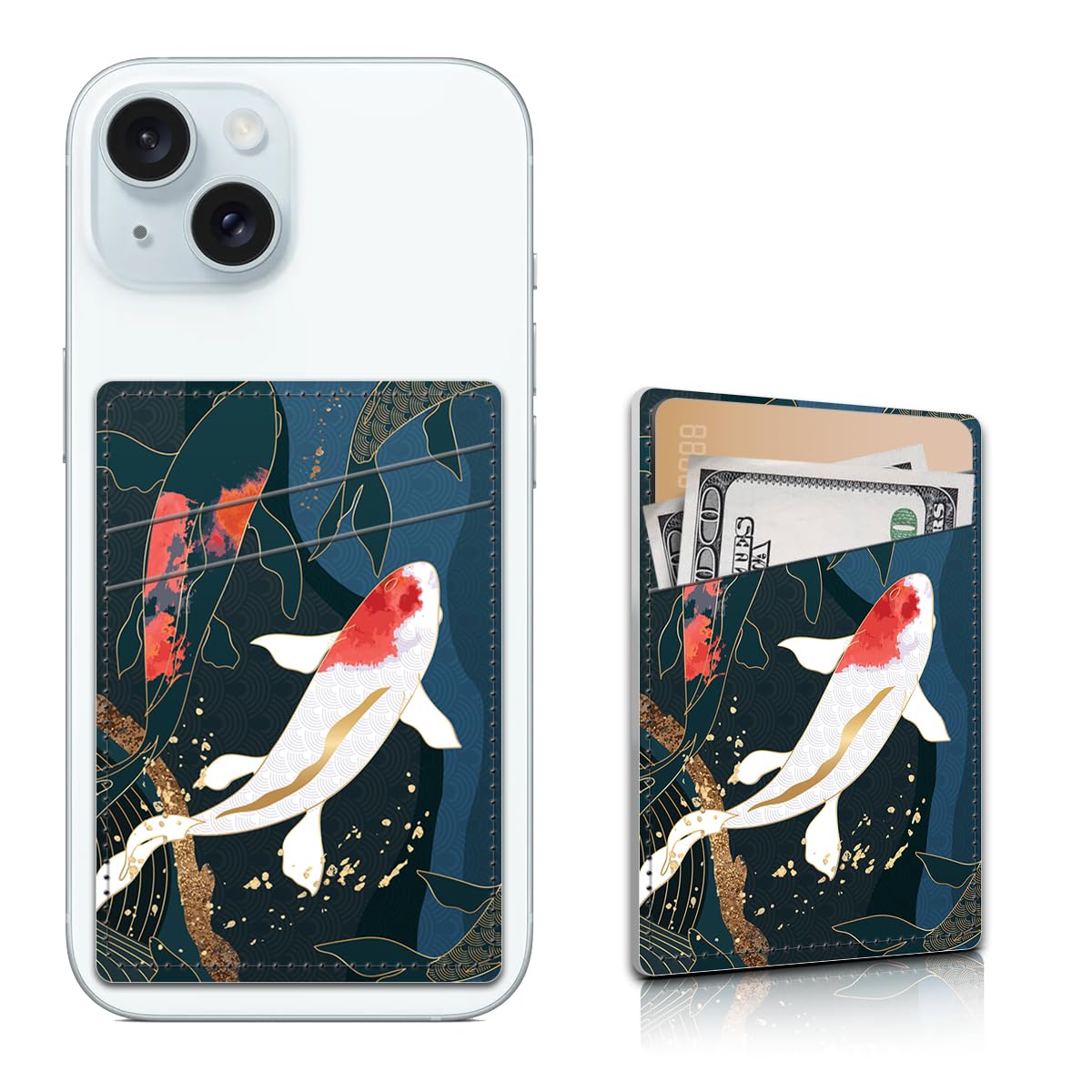 Japanese Koi Fish Leather Card Holder for Phone Case - Stick-on Wallet Sleeve with Dual Pockets for ID & Credit Cards | Compatible with Most Smartphones | Perfect for Travel, Work & Everyday Use