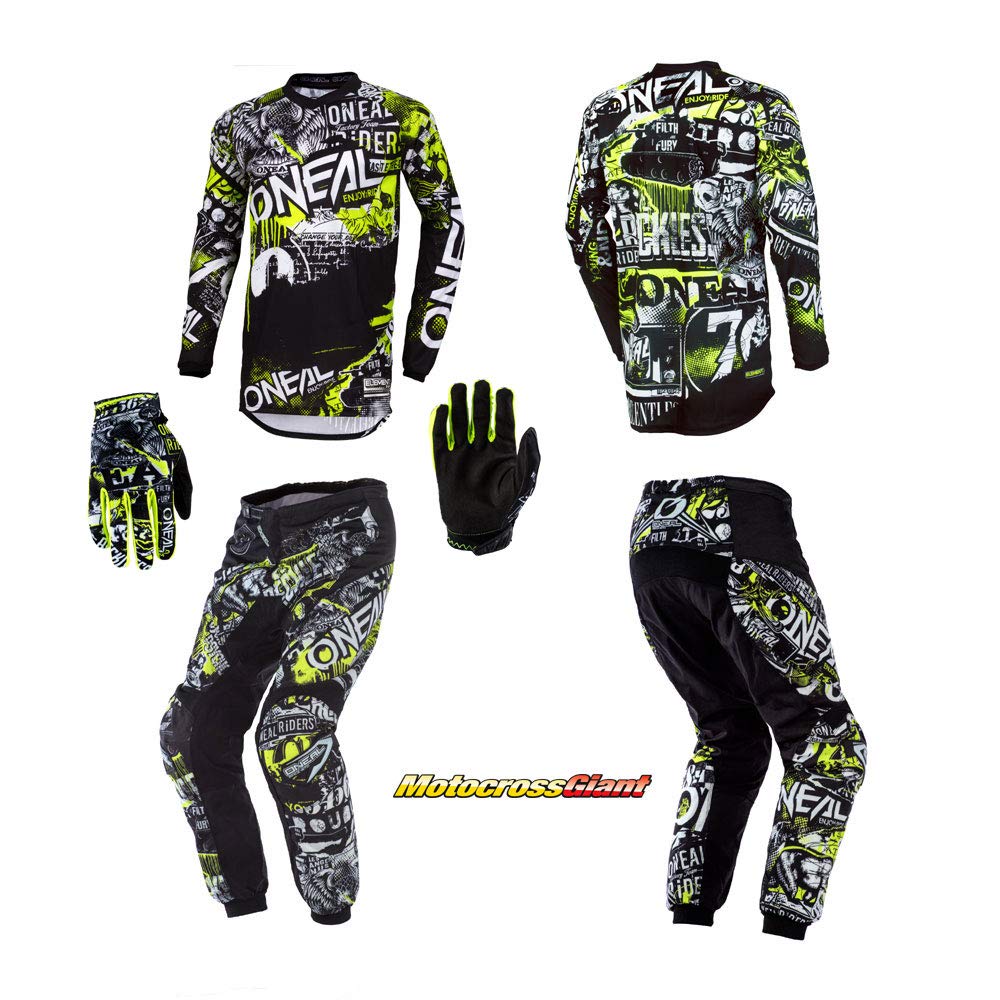 Oneal Youth/Kids Element Attack Grey Jersey Pant Gloves Combo Set - Dirt Bike Motocross Racing Gear for Boys & Girls - Perfect for Off-Road Trail Riding & MX Training