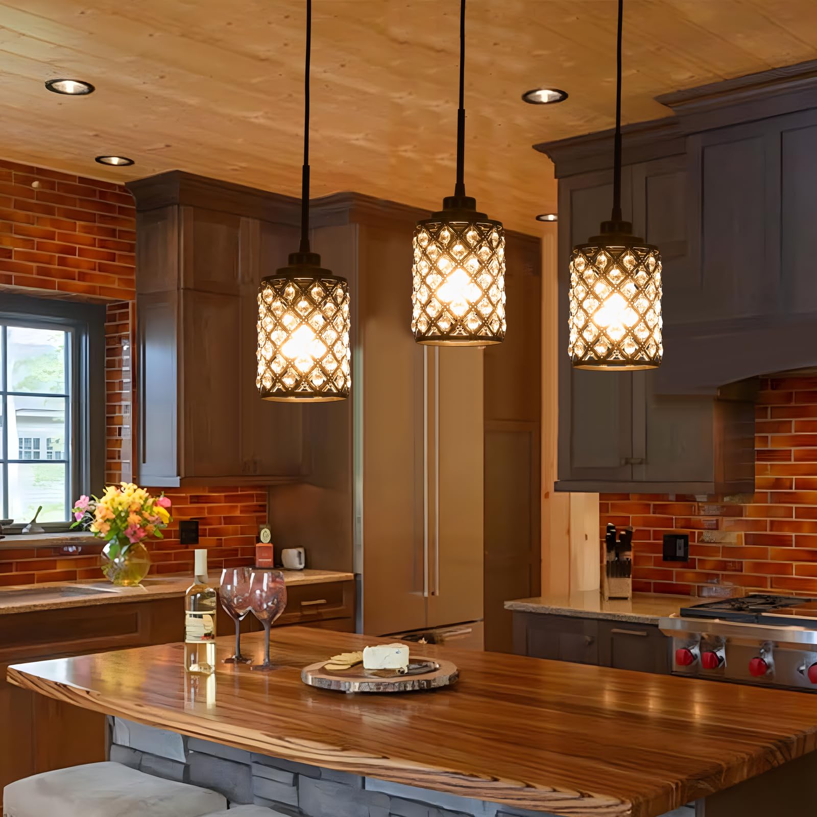 3-Pack Modern Black Matte Pendant Lights - Industrial Hanging Fixtures with K9 Crystal for Kitchen Island, Dining Room, Bedroom & Hallway | Dimmable Mini Chandelier Lighting for Home & Office Decor