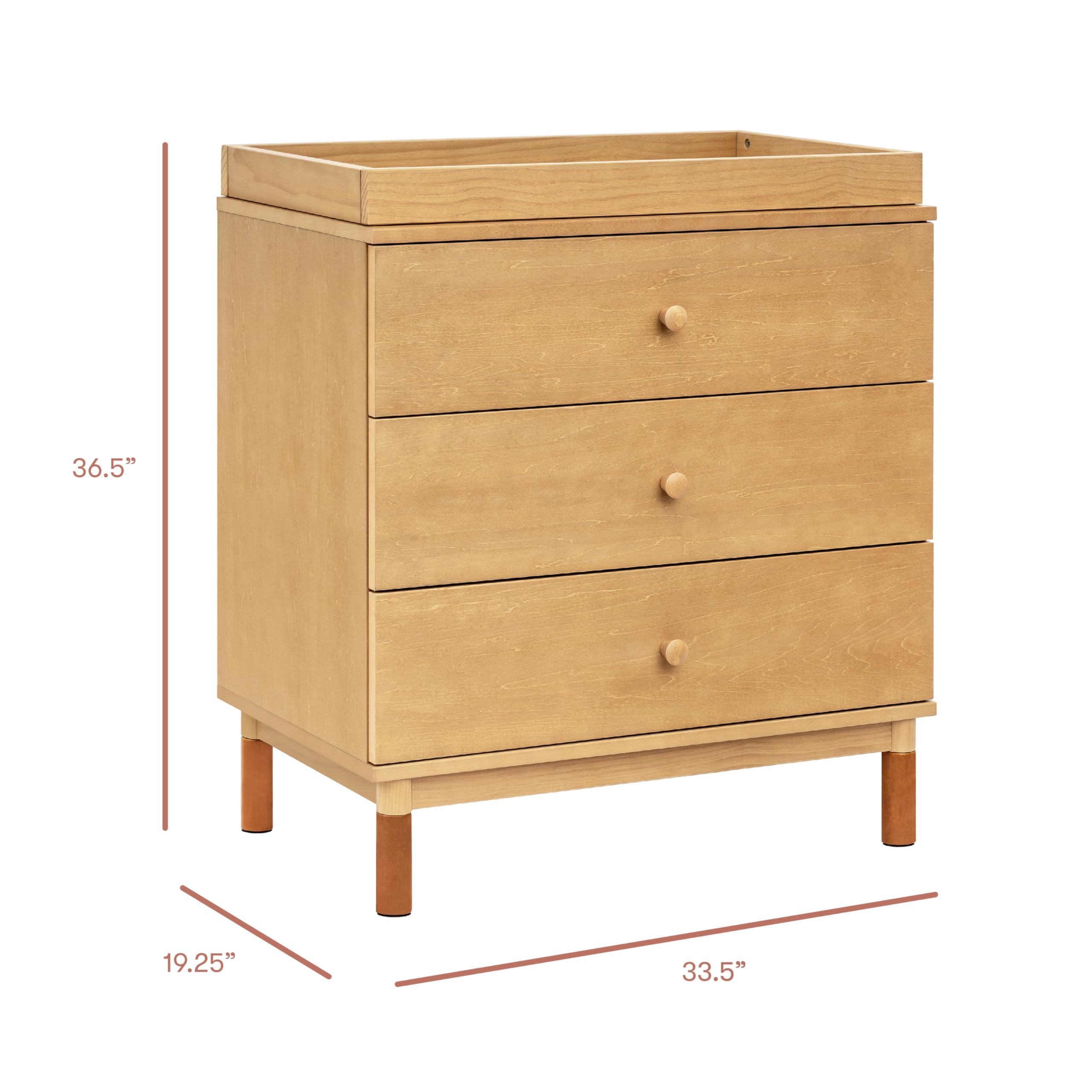 Babyletto Gelato 3-Drawer Changer Dresser with Removable Changing Tray - Honey Finish & Vegan Leather Feet, Greenguard Gold Certified | Nursery Storage & Baby Changing Station for Modern Parents