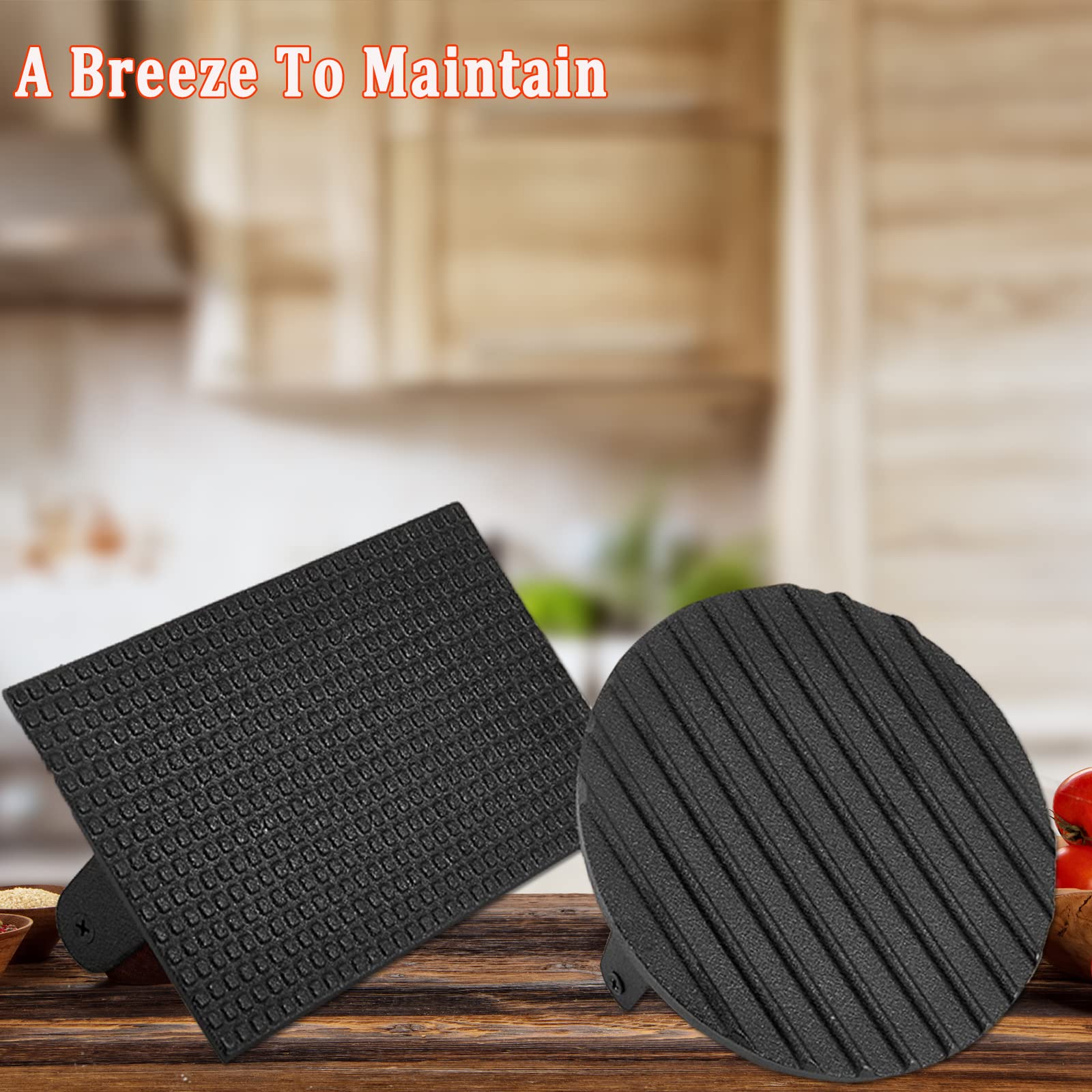 3PCS Smash Burger Press Kit - Round & Rectangle Cast Iron Grill Press with Upgraded Wooden Handle for Blackstone, Camp Chef, Pitboss - Perfect for Backyard BBQs, Camping & Restaurant Burgers