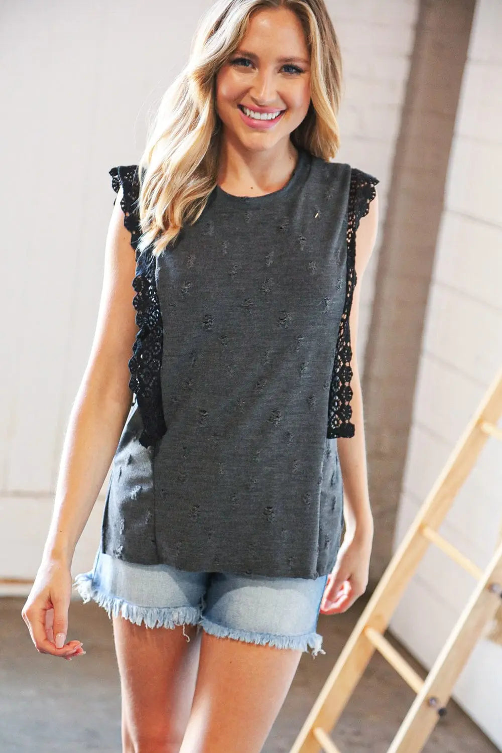 Distressed Charcoal Crochet Lace Sleeveless Top for Women - Boho Chic Summer Beach Outfit, Casual Date Night Blouse, Festival Fashion Top