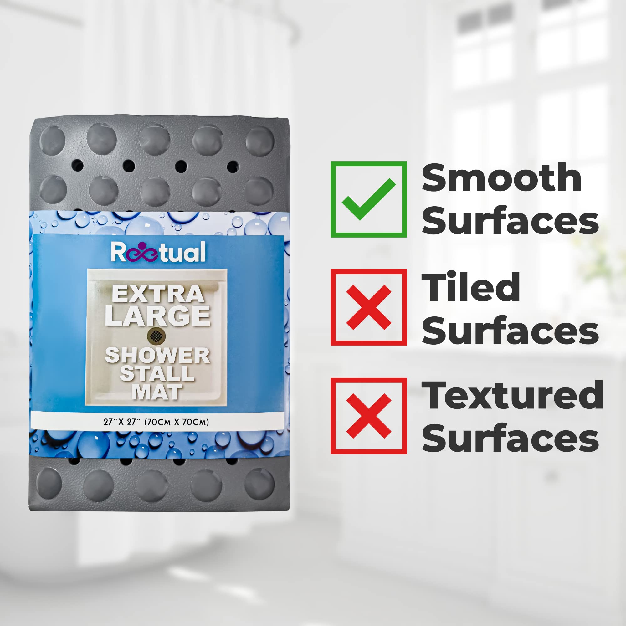 Reetual XL Non-Slip Shower Mat - 27x27 Inch Bath Mat with 240 Strong Suction Cups & Drain Holes for Shower Stall or Bathtub - Black & White Square Bathroom Mats for Wet Areas, Anti-Fall Safety