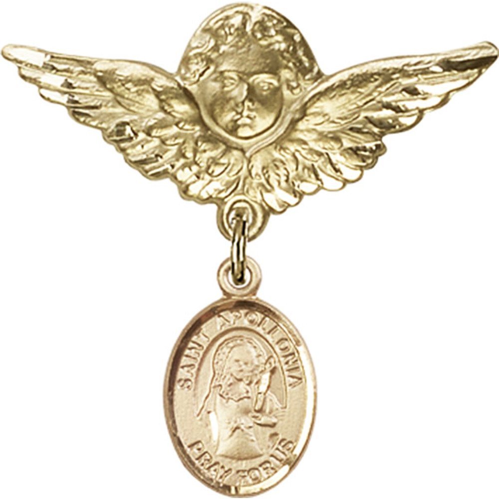 St. Apollonia Gold Filled Baby Badge Pin with Angel Wings Charm - 1 1/8 x 1 1/8 Inch Religious Jewelry for Baptism, Christening & First Communion Gifts