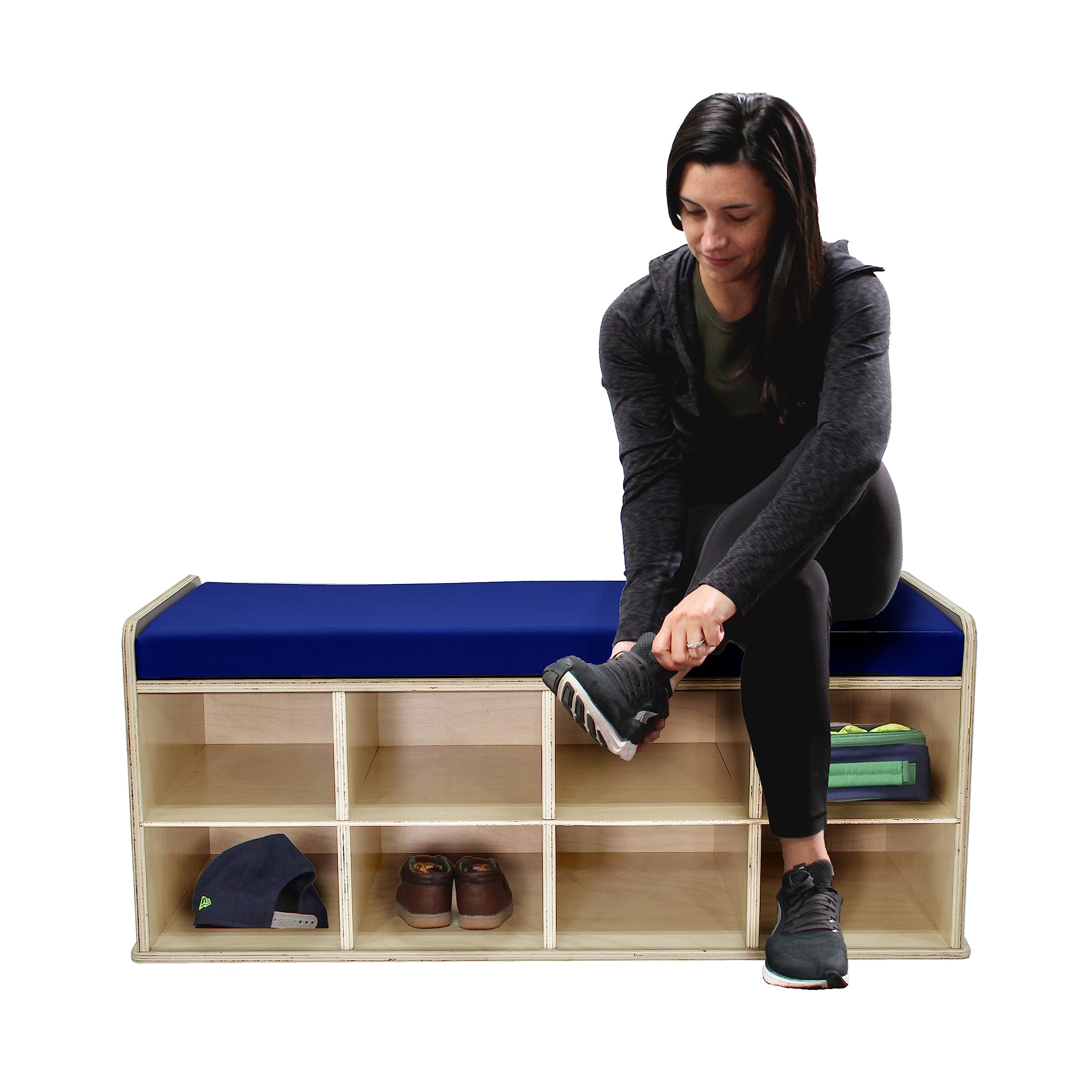 FDP Natural Birch 8-Compartment Storage Bench with Comfortable Blue Vinyl Seat (16