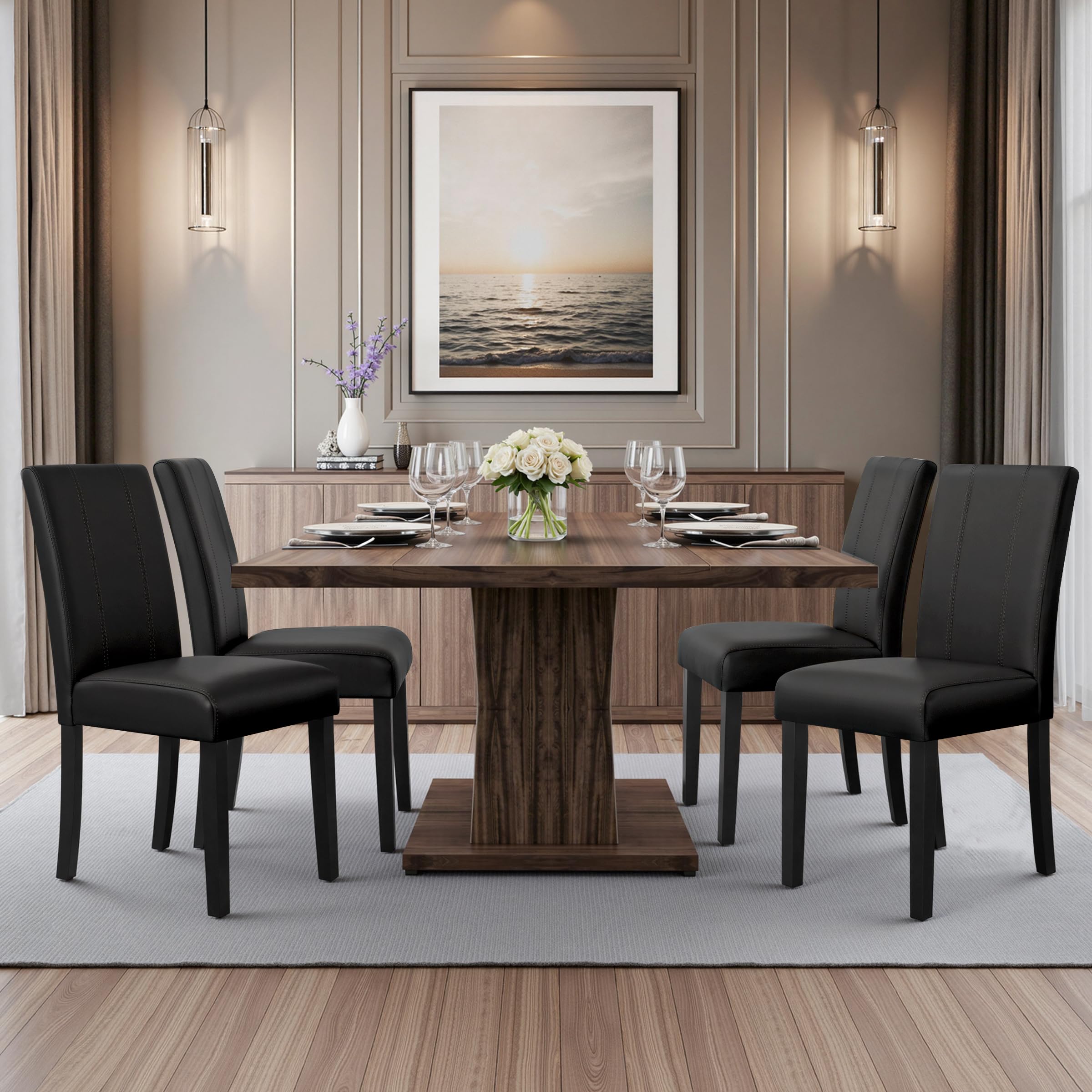 CHUN YI 6-Piece Faux Leather Dining Chair Set - High Back Upholstered Parsons Chairs with Sturdy Wood Legs for Kitchen & Dining Room - Perfect for Family Gatherings, Dinner Parties & Home Decor (Black)