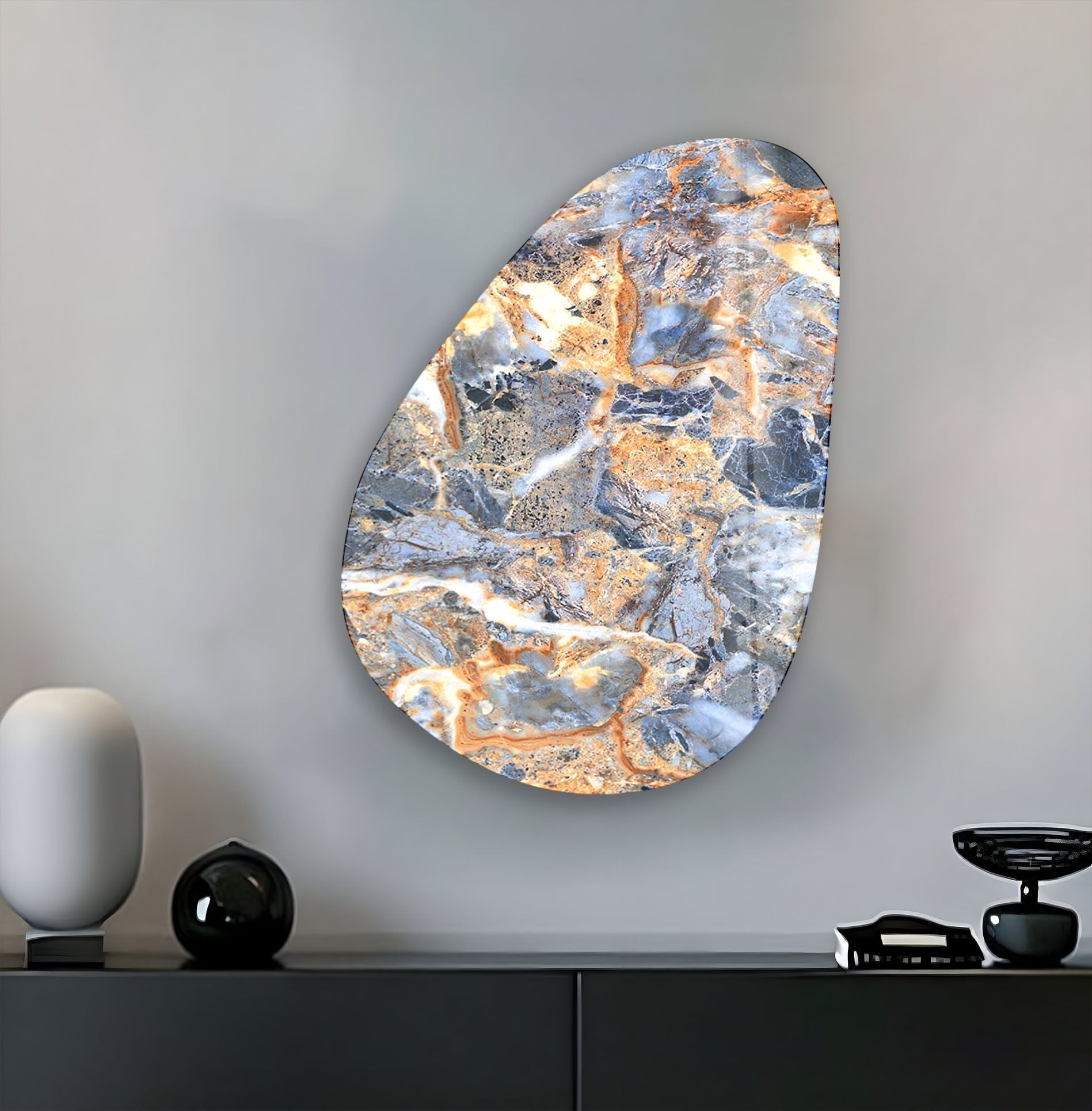 Handmade Asymmetrical Oval Blue & Orange Marble Glass Wall Art - Modern Abstract Home Decor for Living Room, Bedroom & Office