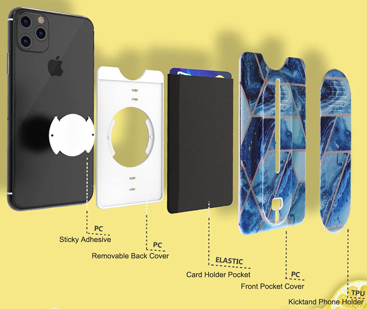 Detachable Phone Wallet with Kickstand & Finger Grip - Wireless Charging Compatible for iPhone & Smartphones (Blue Marble) - Perfect for Selfies, Hands-Free Viewing & On-the-Go Charging