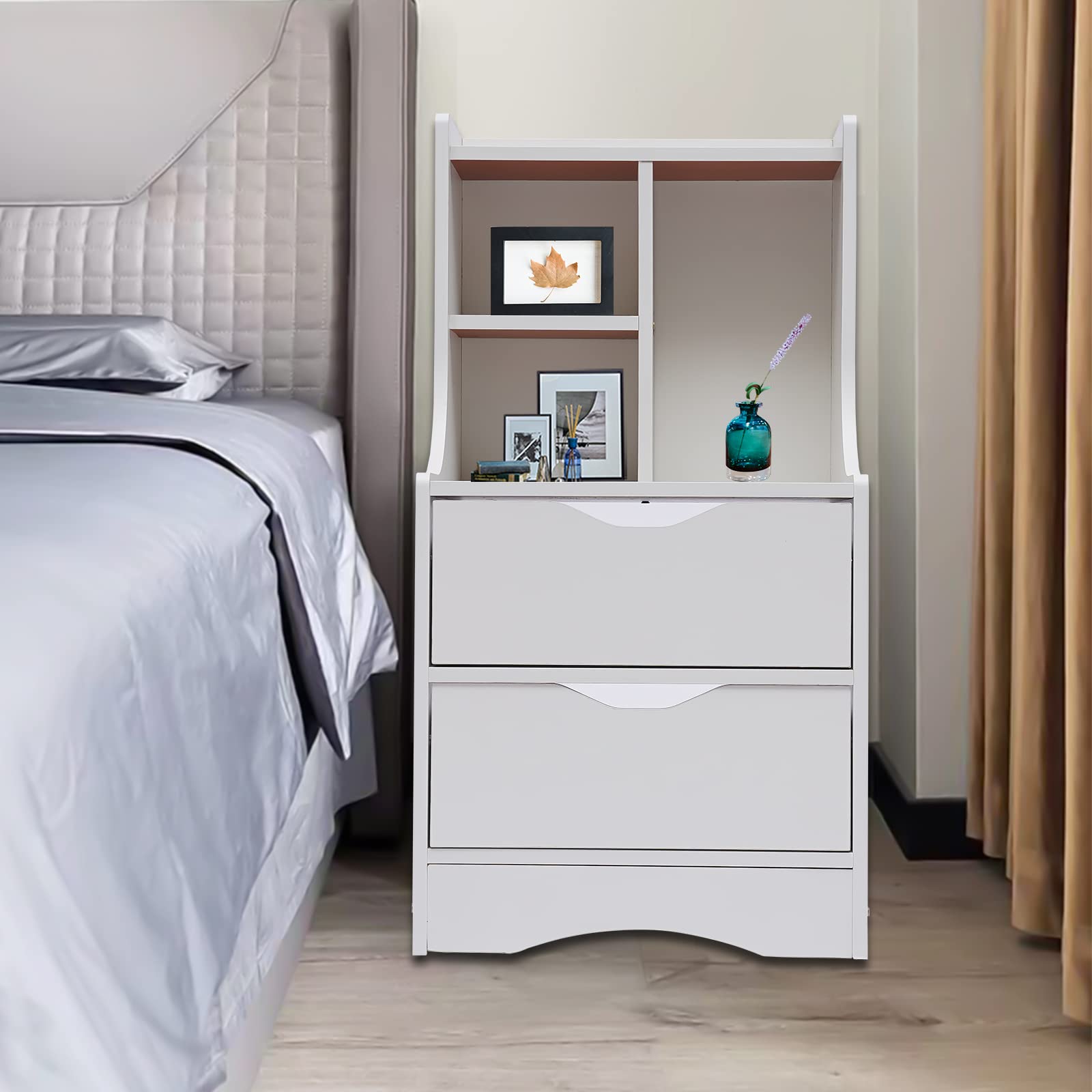 White Nightstand with 2 Drawers & Open Shelf - Solid Wood Bedside Table, Storage Cabinet for Bedroom - Perfect for Holding Lamps, Books & Alarm Clocks - Night Stand, Dresser, Night Table for Modern Home Decor