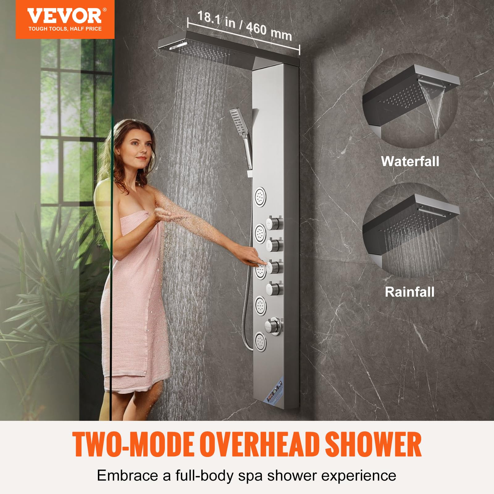 VEVOR Stainless Steel Shower Tower System - 4 Modes (Rainfall, Waterfall, Massage Jets) with 3-Setting Handheld Shower Head & 59