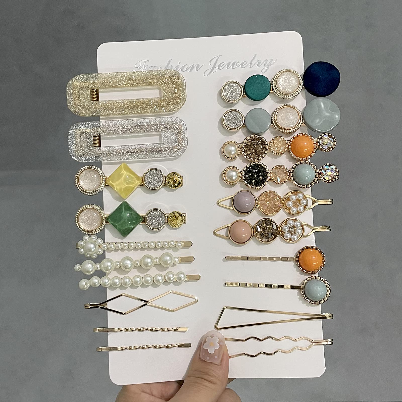 Mehayi 20 PCS Handmade Macaron Pearls & Acrylic Resin Hair Clips - Cute Hair Barrettes, Bobby Pins with Glitter Crystal Geometric Design, Elegant Gold Hair Accessories for Women & Girls (Perfect for Weddings, Parties & Daily Styling)