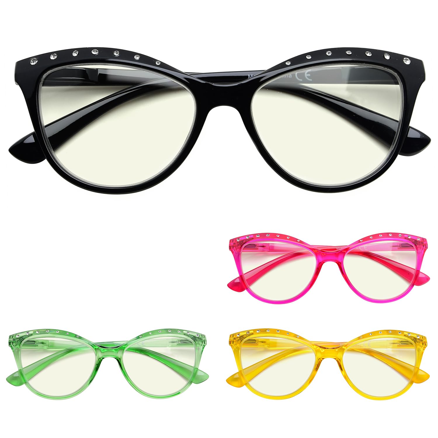Eyekepper 4-Pack Blue Light Blocking Reading Glasses +2.00 for Women - Stylish Cat-Eye Frame with Rhinestone Details | Perfect for Computer Use, Reading & Office Work