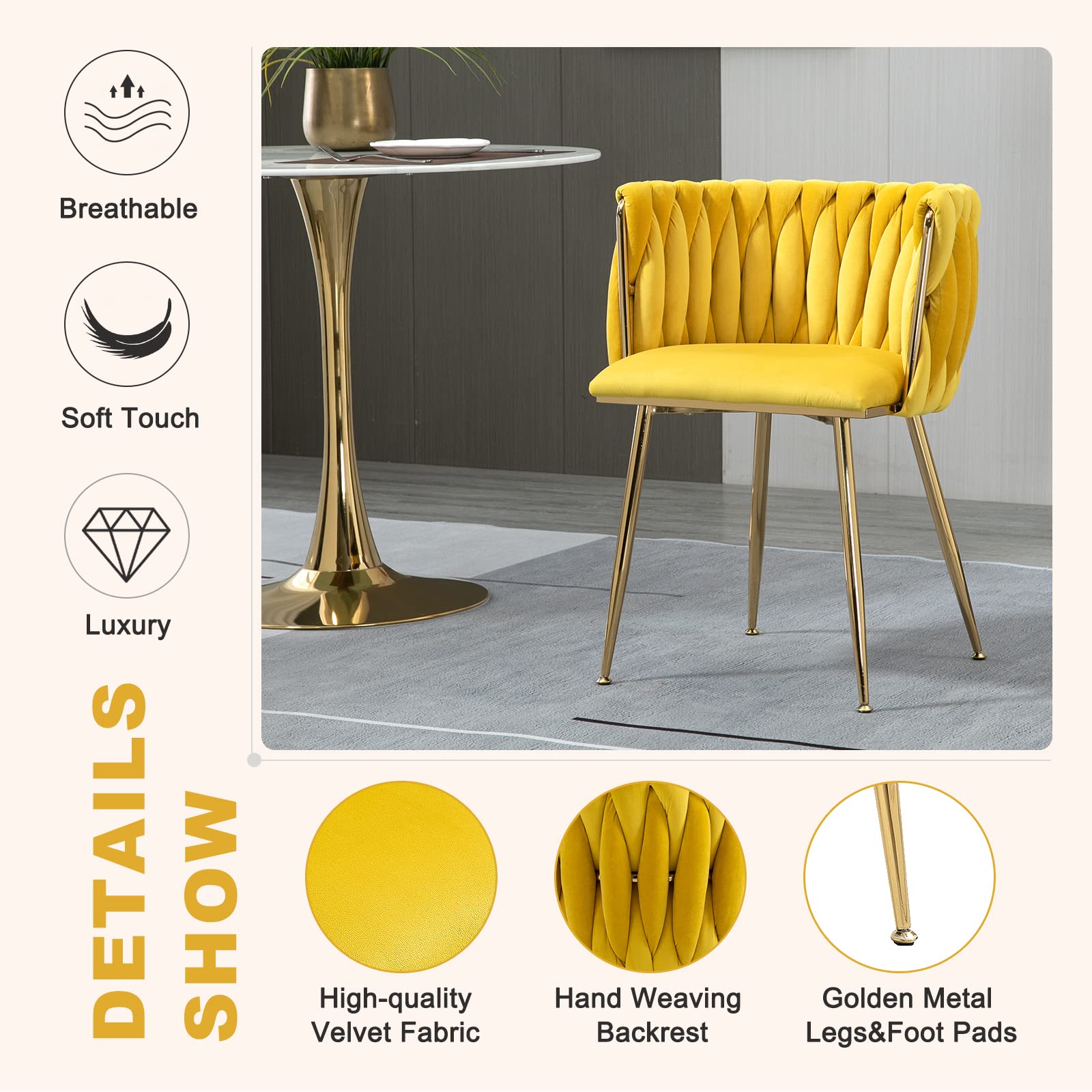 NIOIIKIT Modern Velvet Dining Chairs Set of 2 - Handwoven Accent Chairs with Golden Metal Legs, Upholstered Side Chairs for Living Room, Dining Room, Kitchen & Vanity (Mustard Yellow) | Perfect for Home Decor, Dinner Parties & Cozy Seating