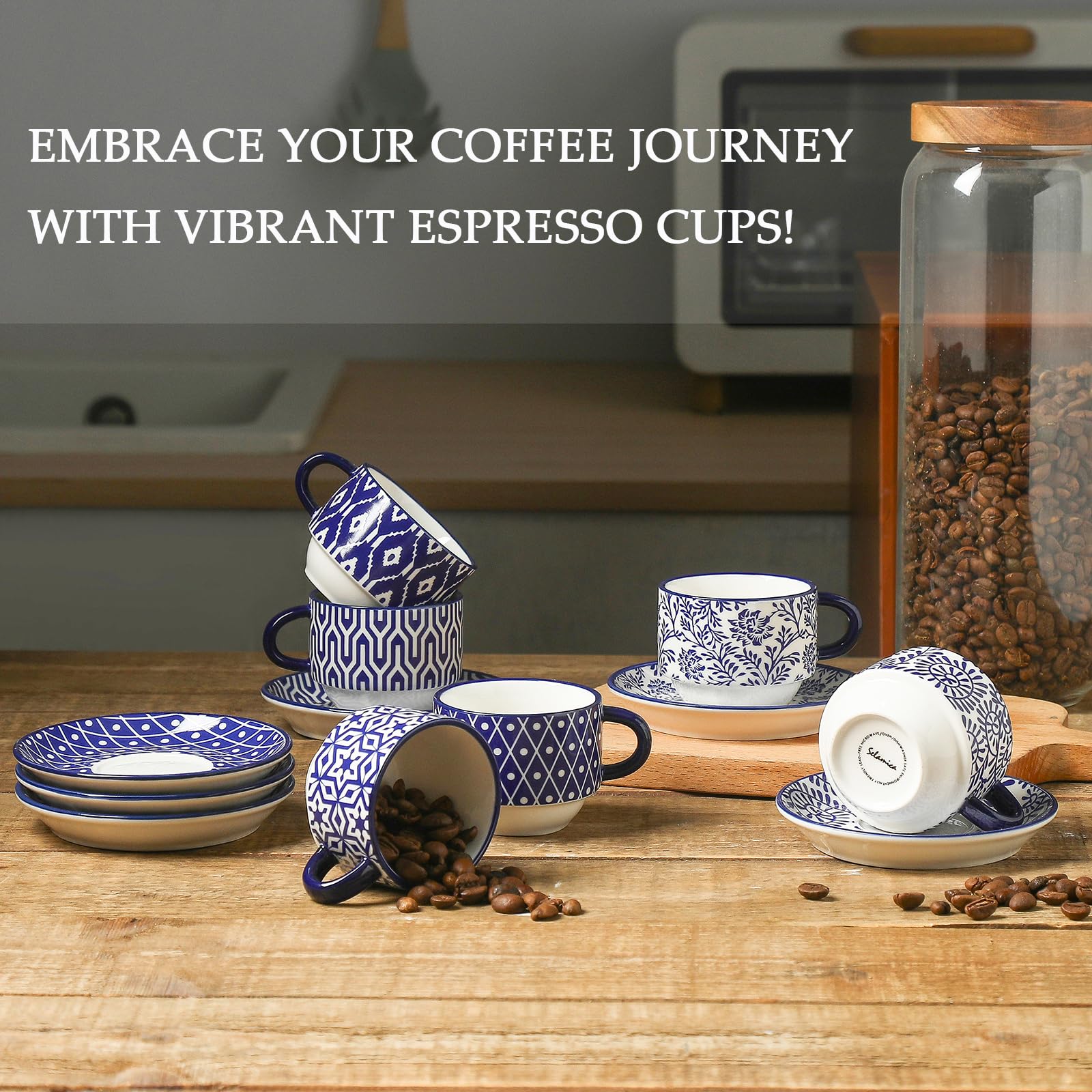 Selamica 6-Piece Vintage Blue Ceramic Espresso Cup Set with Saucers & Metal Stand - 2.5 oz Stackable Demitasse Cups for Latte, Coffee, Café Mocha & Tea - Perfect for Home Coffee Bars, Italian Restaurants & Gift Giving