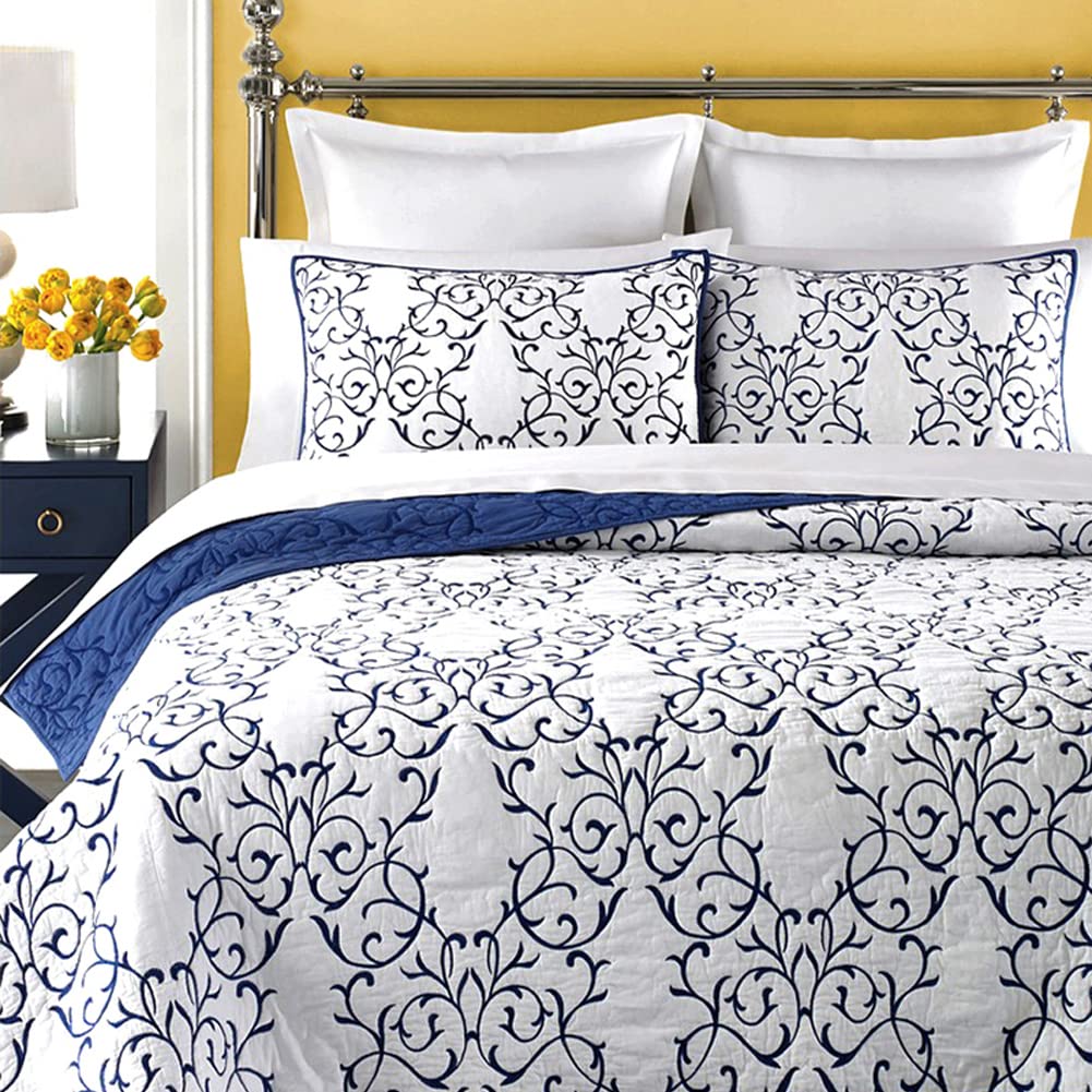 Mixinni Reversible King Quilt 3-Piece Set - Blue Embroidery Pattern, Soft Cotton Bedspread & Coverlet with Decorative Shams | Elegant King Size Quilt for Master Bedroom, Guest Room & Luxury Home Decor