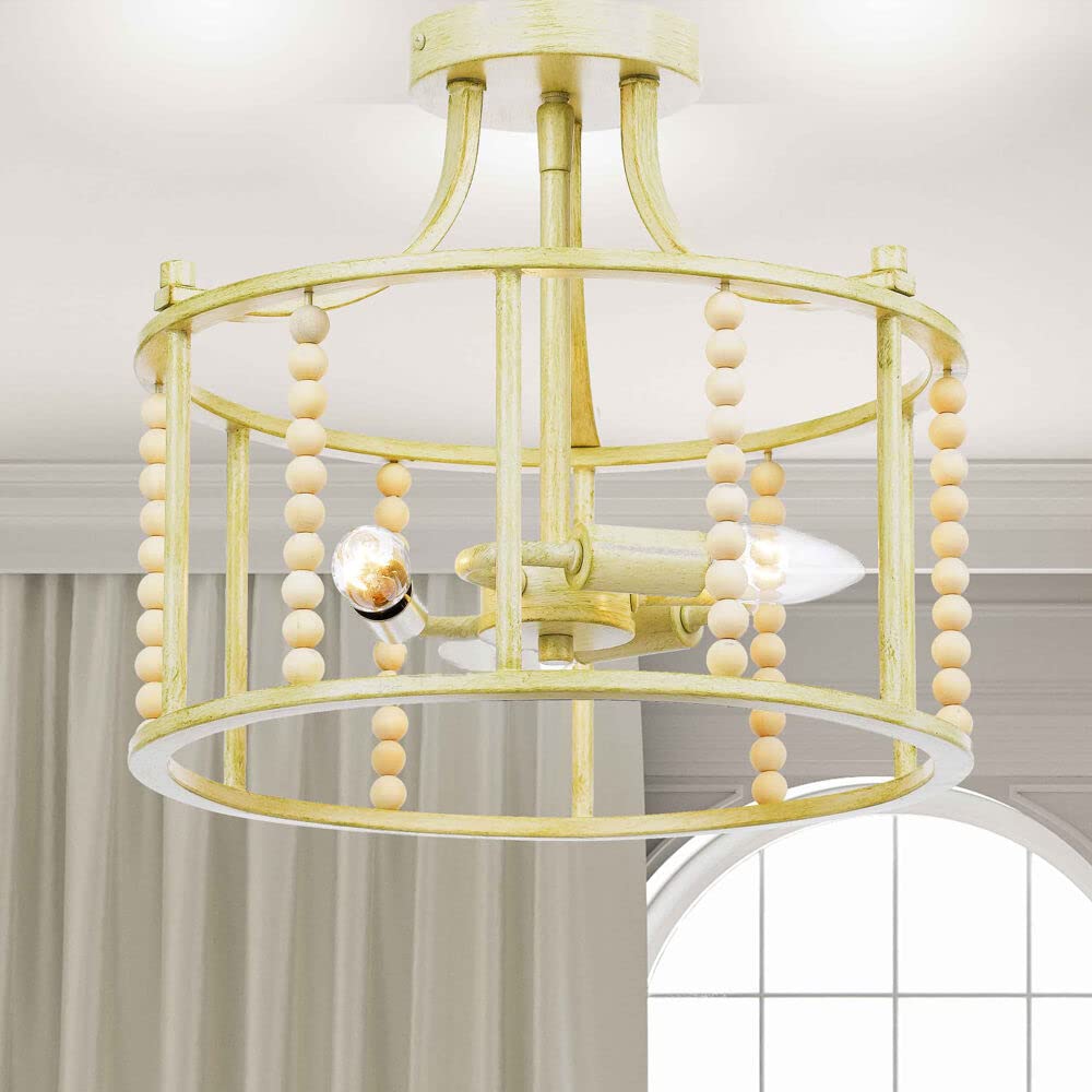 Hanover Calliope Natural Wood Bead Semi-Flush Mount Ceiling Light Fixture - Antique Cream Finish - 3-Light Hardwired Chandelier for Bedroom, Living Room, Dining Room, Kitchen & Hallway | Perfect for Farmhouse, Boho & Rustic Home Decor