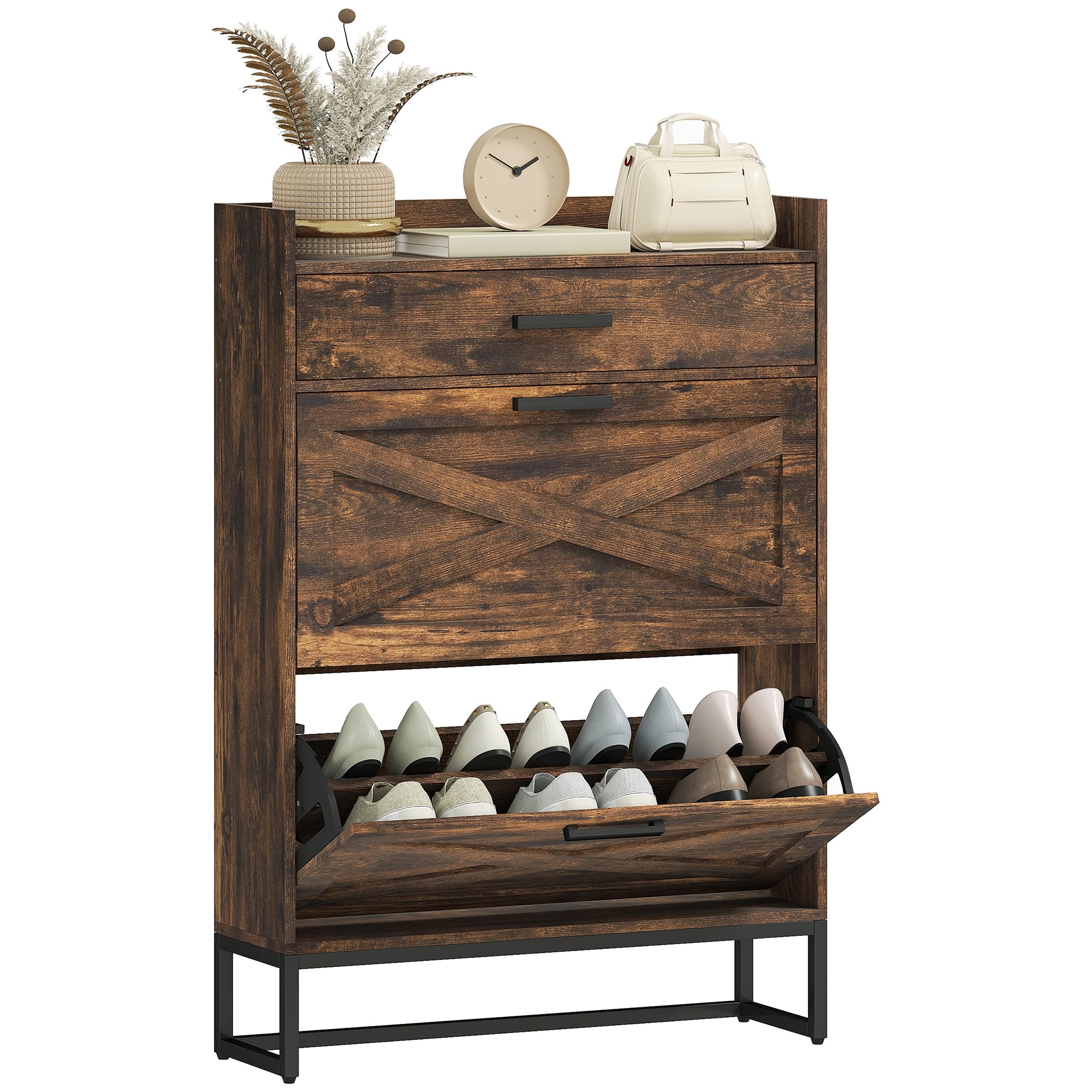 HOMCOM 12-Pair Narrow Shoe Storage Cabinet with Adjustable Shelves & 2 Flip Drawers - Farmhouse Style Entryway Shoe Organizer for Hallway, Closet, or Mudroom - Rustic Brown Wooden Shoe Rack for Small Spaces