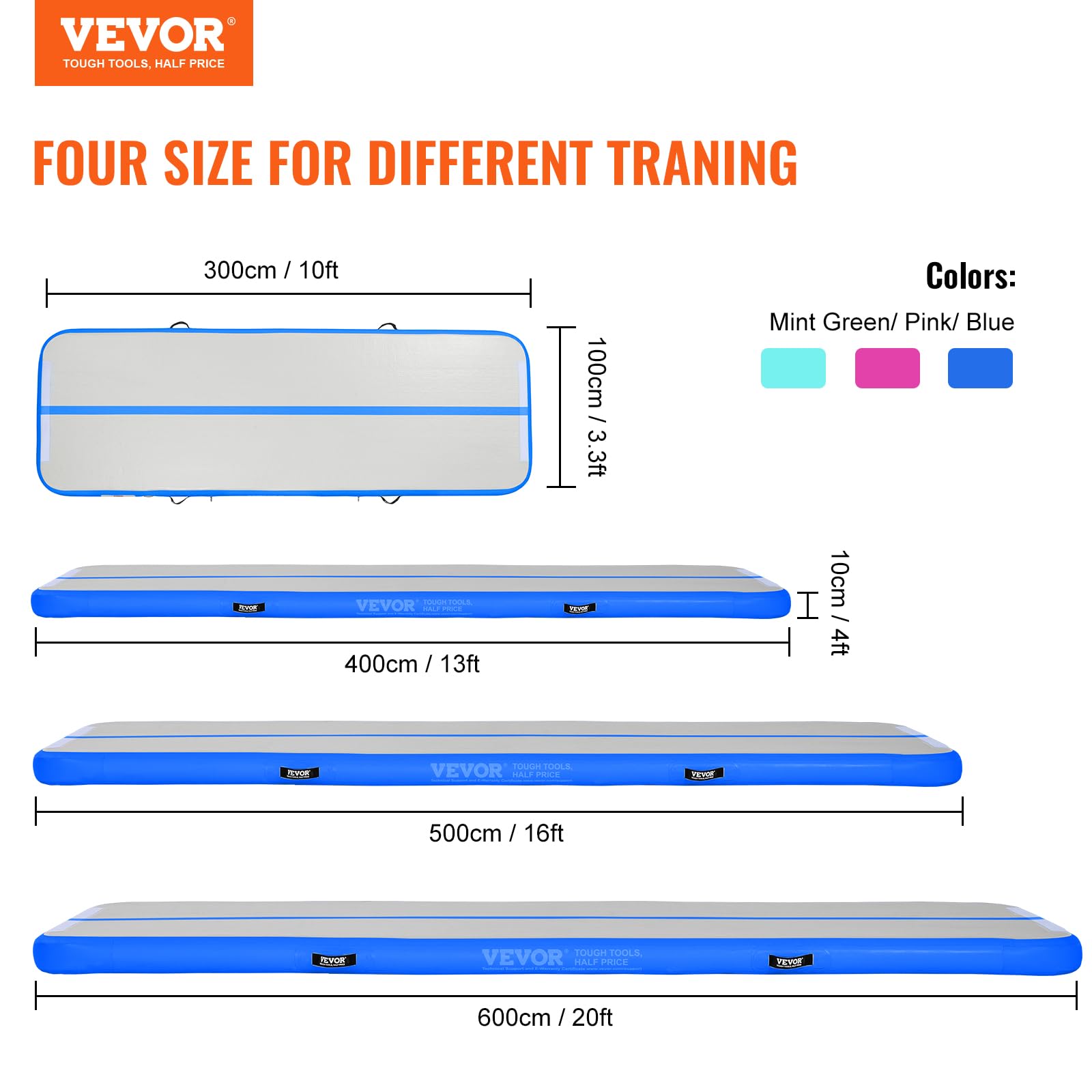 VEVOR 4-Inch Thick Inflatable Gymnastics Air Mat with Electric Pump - 10ft Blue Tumbling Mat for Home Gym, Yoga, Cheerleading, Beach & Park Training - Perfect for Indoor Practice, Outdoor Exercise & Water Activities