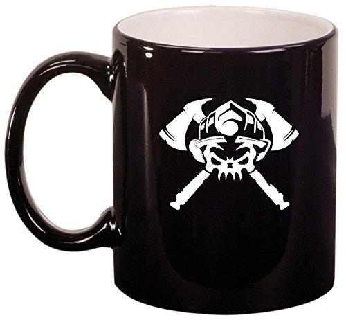 Firefighter Skull Ceramic Coffee Mug - 11oz Black Tea Cup for Fireman Gifts, Office Use & Camping Essentials