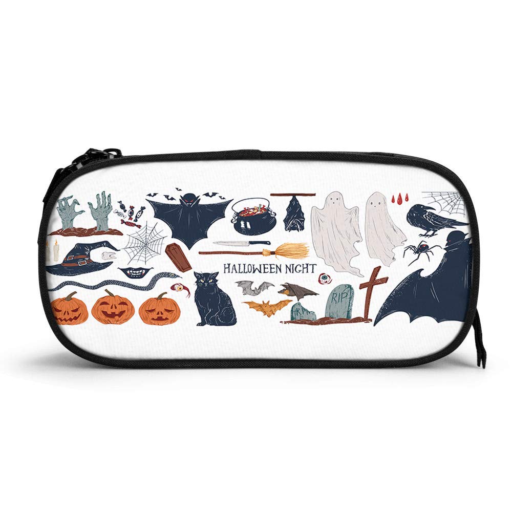 Moslion Halloween Themed High Capacity Pen Case - Cat Witch Hat, Spider Web, Bats, Snake, Pumpkins, Ghost & Coffin Design - Durable Zipper Pencil Pouch for School, Office, Students (Boys & Girls) - Perfect for Halloween Parties, School Supplies & Gift Giving
