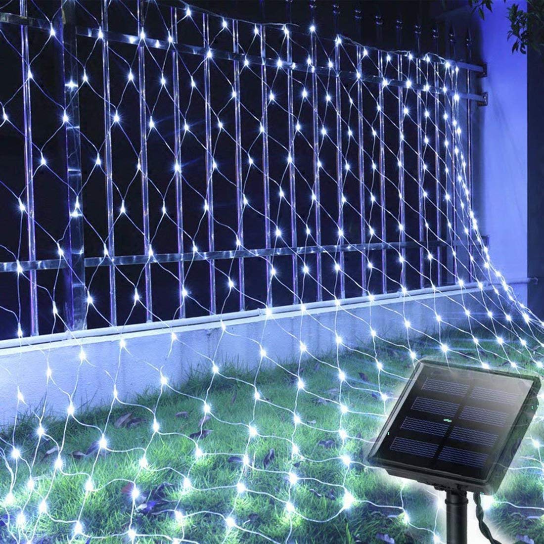 Solar Powered Outdoor Net Lights - Waterproof 200 LED Fairy Lights (3x2m) with 8 Lighting Modes | Decorative Mesh String Lights for Christmas Tree Wrapping, Patio, Balcony, Wall & Roof Decor (White) | Perfect for Holiday Decorations, Garden Parties & Outdoor Weddings