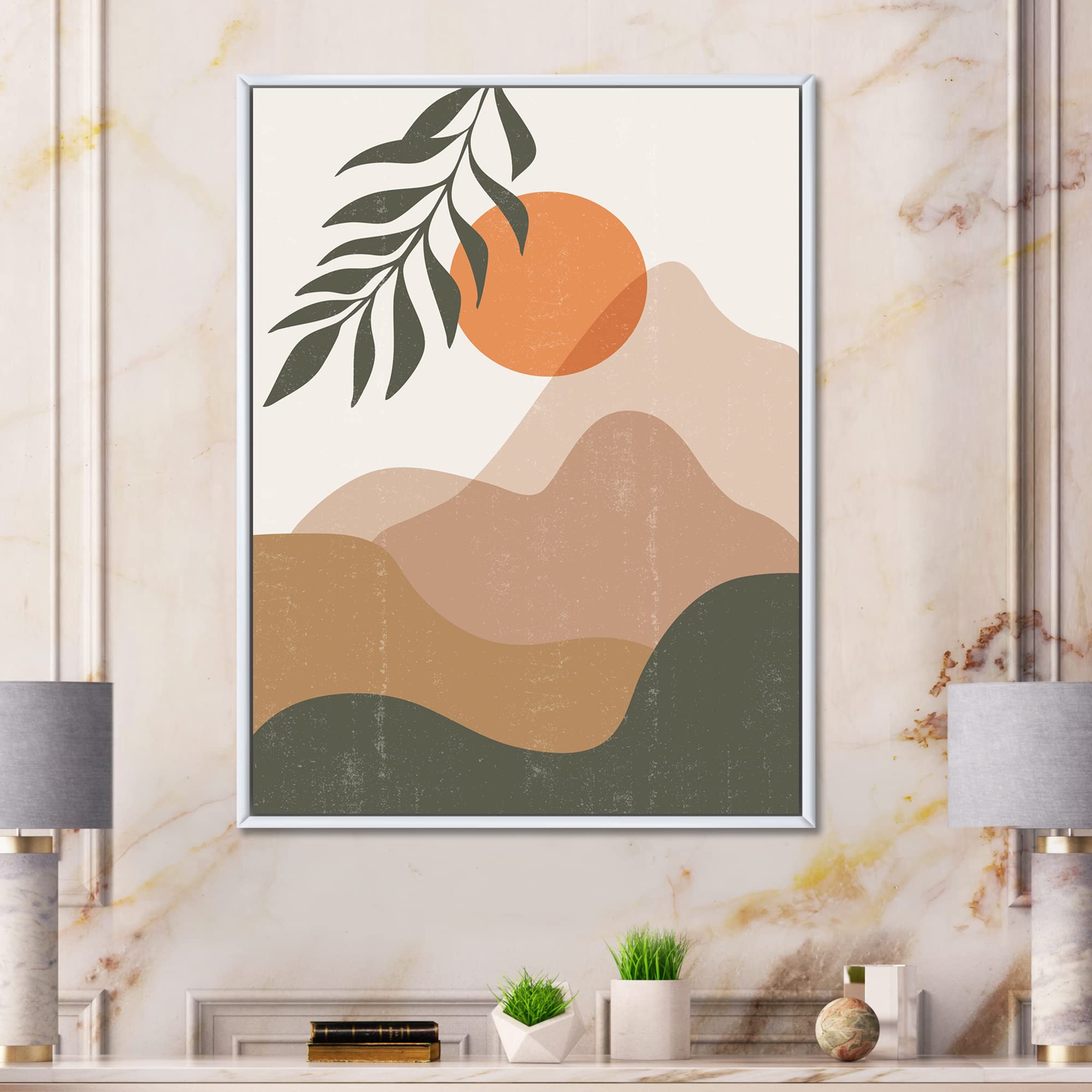 Abstract Red Moon in Earth Toned Mountains Framed Canvas Wall Art - Modern Home Decor for Living Room, Bedroom & Office
