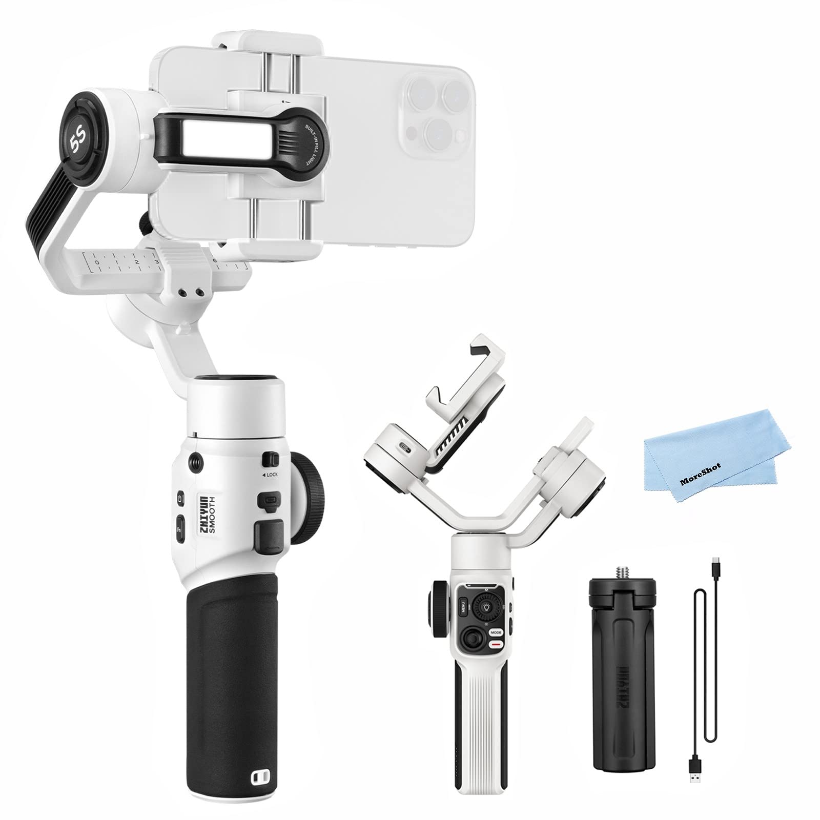 Zhiyun Smooth 5S White Smartphone Gimbal Stabilizer for iPhone 14/13/12/11/SE/XS/XR/X/8/Pro Max & Samsung Android - Upgraded Version for YouTube, TikTok Vlogging, Live Streaming & Content Creation - Perfect for Travel, Events and Social Media Videos