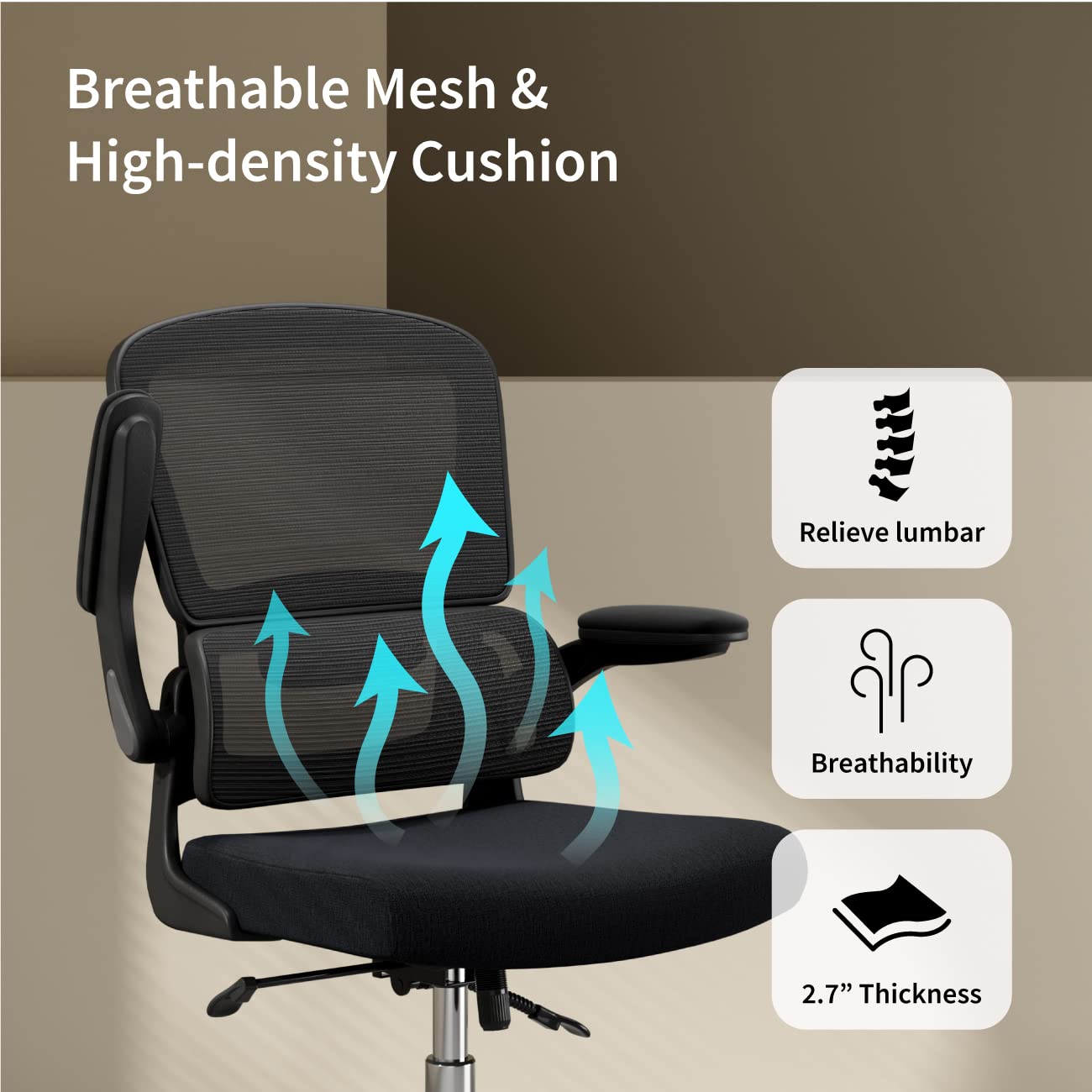 Ergonomic Office Chair with Breathable Mesh Back - Adjustable Height, Double Lumbar Support & Flip-Up Arms - 90°-130° Reclining Computer Desk Chair for Home Office, Gaming & Remote Work
