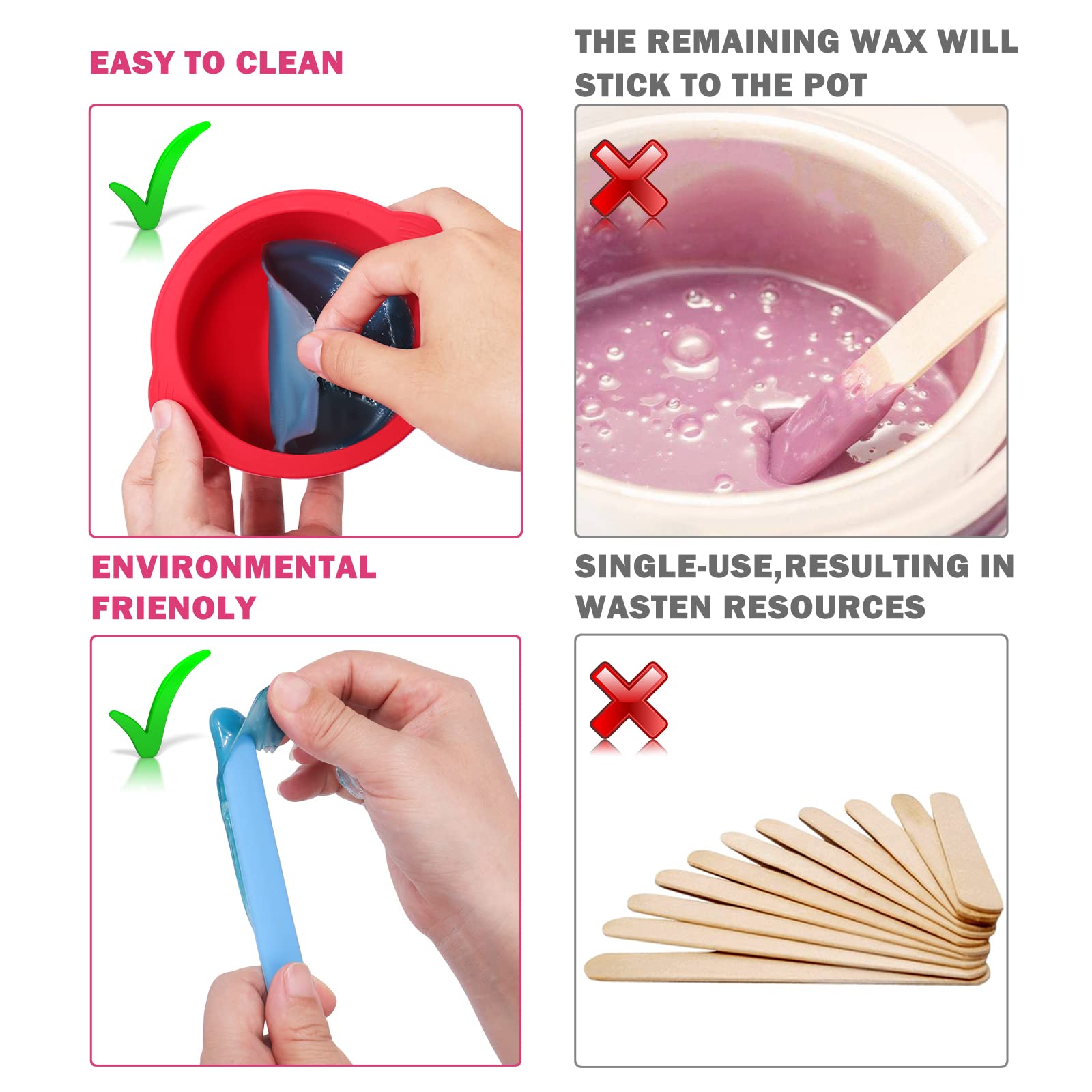 2-Pack Silicone Wax Warmer Liners - Non-Stick Wax Pot Replacement Bowls with 2 Silicone Spatulas for Hair Removal (Blue & Red) | Reusable Wax Melting Accessories for Home Salon & DIY Beauty Treatments