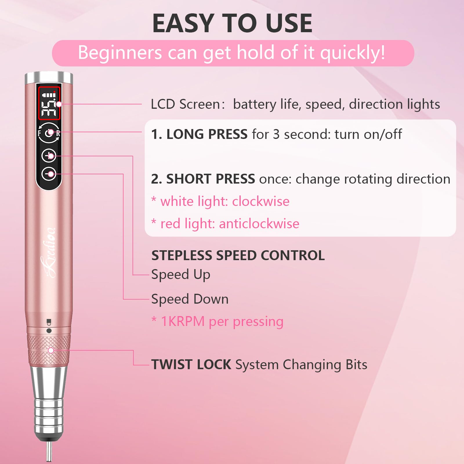 Kredioo 35000RPM Cordless Electric Nail Drill Kit - Rechargeable Portable Nail File with Ceramic Bits & Travel Case for Acrylic, Dip Powder, Gel Polish Removal | Perfect for Home Manicures & Salon Professionals