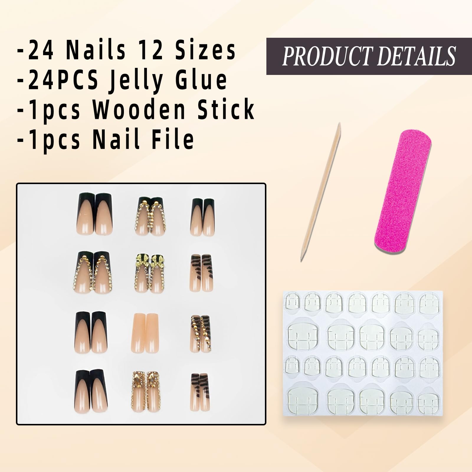 24Pcs Black French Press on Nails with Gold Rhinestone & Bow Charms - Long Square Coffin Fake Nails, Glossy Leopard Print French Tip Acrylic Nails for Women & Girls | Perfect for Parties, Weddings & Special Occasions