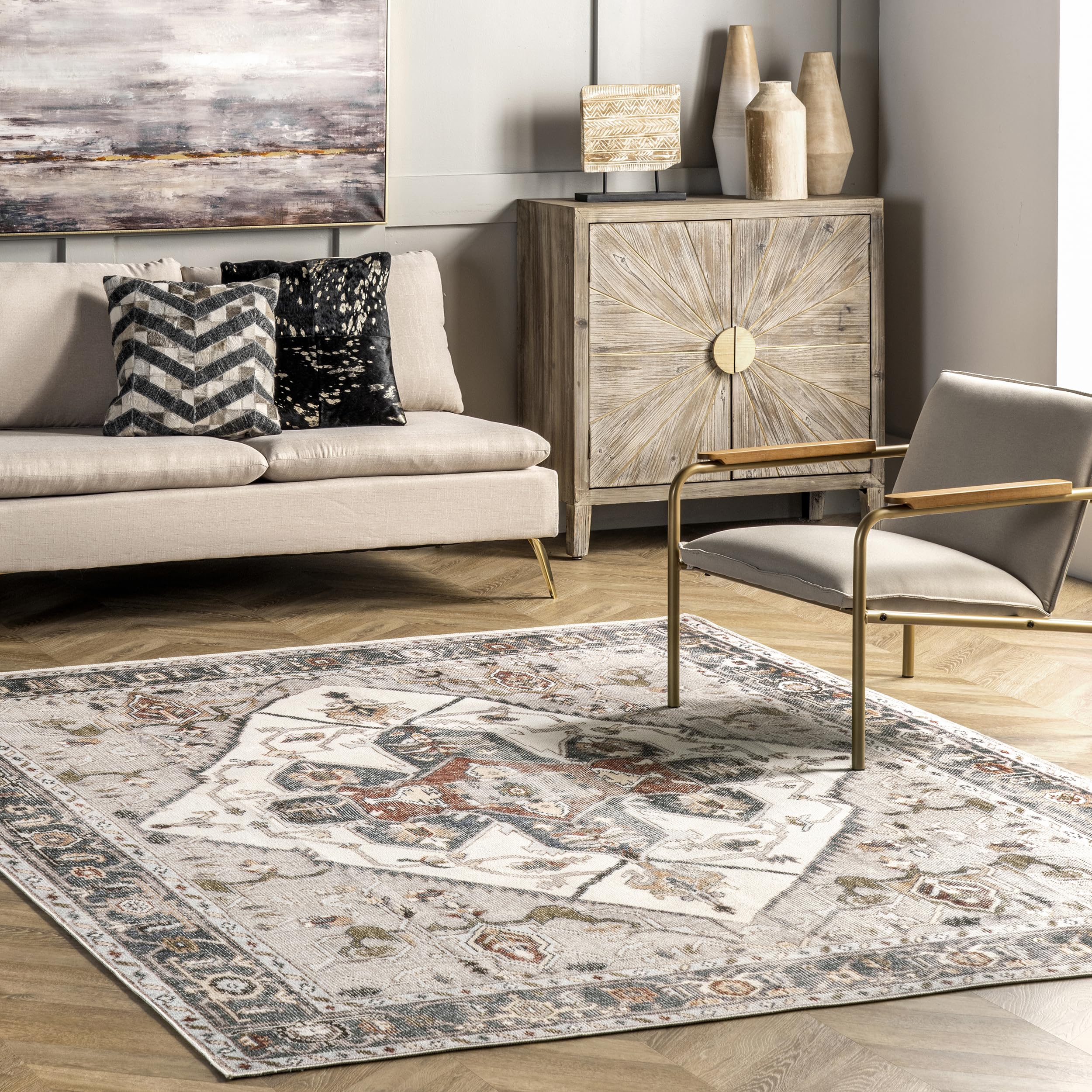 nuLOOM Mali Machine Washable Traditional Medallion Ultra Thin Area Rug 8'x8' Ivory - Perfect for Living Room, Bedroom, Dining Room & Home Decor