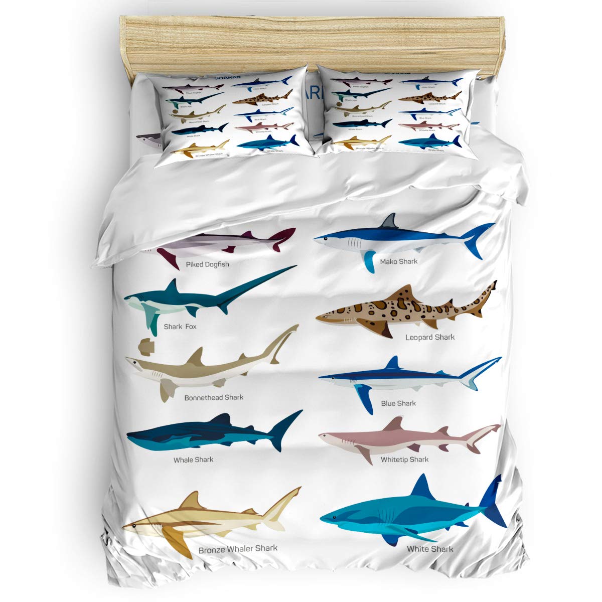 Ocean Party Bedding Set - Queen Size Shark & Fish Print Duvet Cover with Matching Pillow Shams & Flat Sheet - Modern Underwater Theme Bedroom Decor for Kids, Boys, Girls, Adults, Women & Men - Perfect for Beach Themed Rooms, Nautical Bedrooms & Ocean Lovers' Home Decor