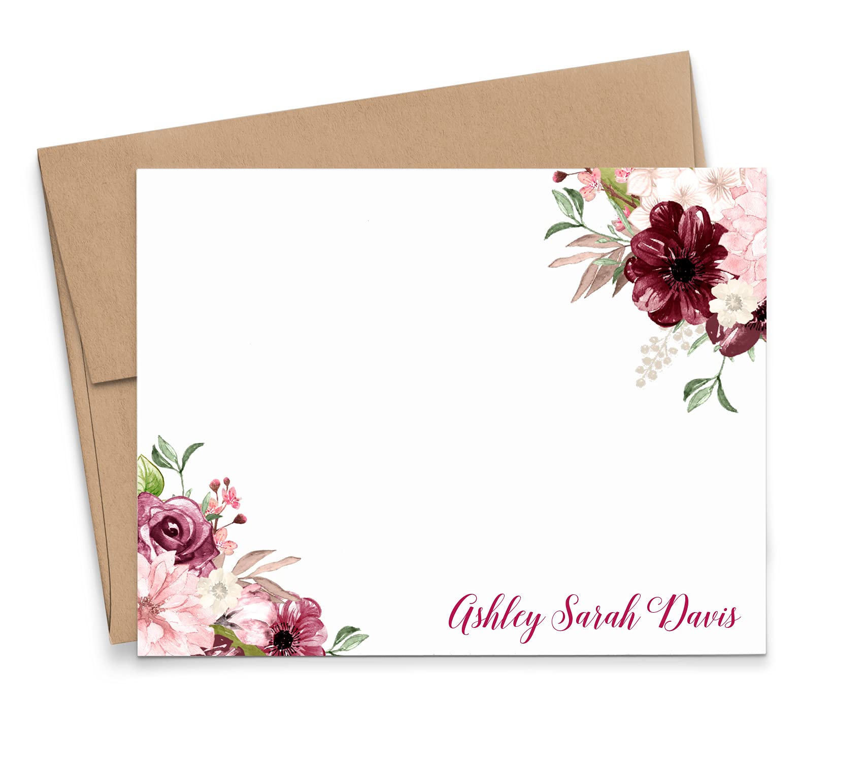Elegant Burgundy Floral Personalized Stationery Set for Women - Custom Note Cards with Envelopes (Flat or Folded Options) | Fall-Themed Stationery in Multiple Colors & Quantities | Perfect for Thank You Notes, Wedding Invitations & Special Occasions
