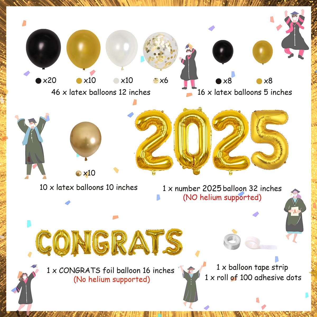 JOYMEMO 2025 Graduation Decorations - Black & Gold Balloon Arch for High School & College Parties