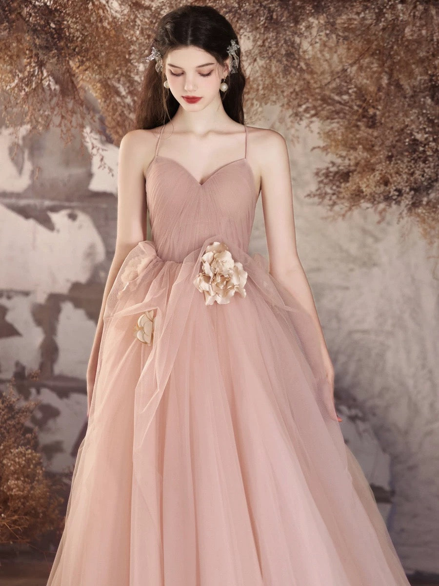 Elegant A-Line V-Neck Tulle Flower Pink Long Prom Dress for Women - Perfect for Evening Gala, Formal Dance & Special Occasions