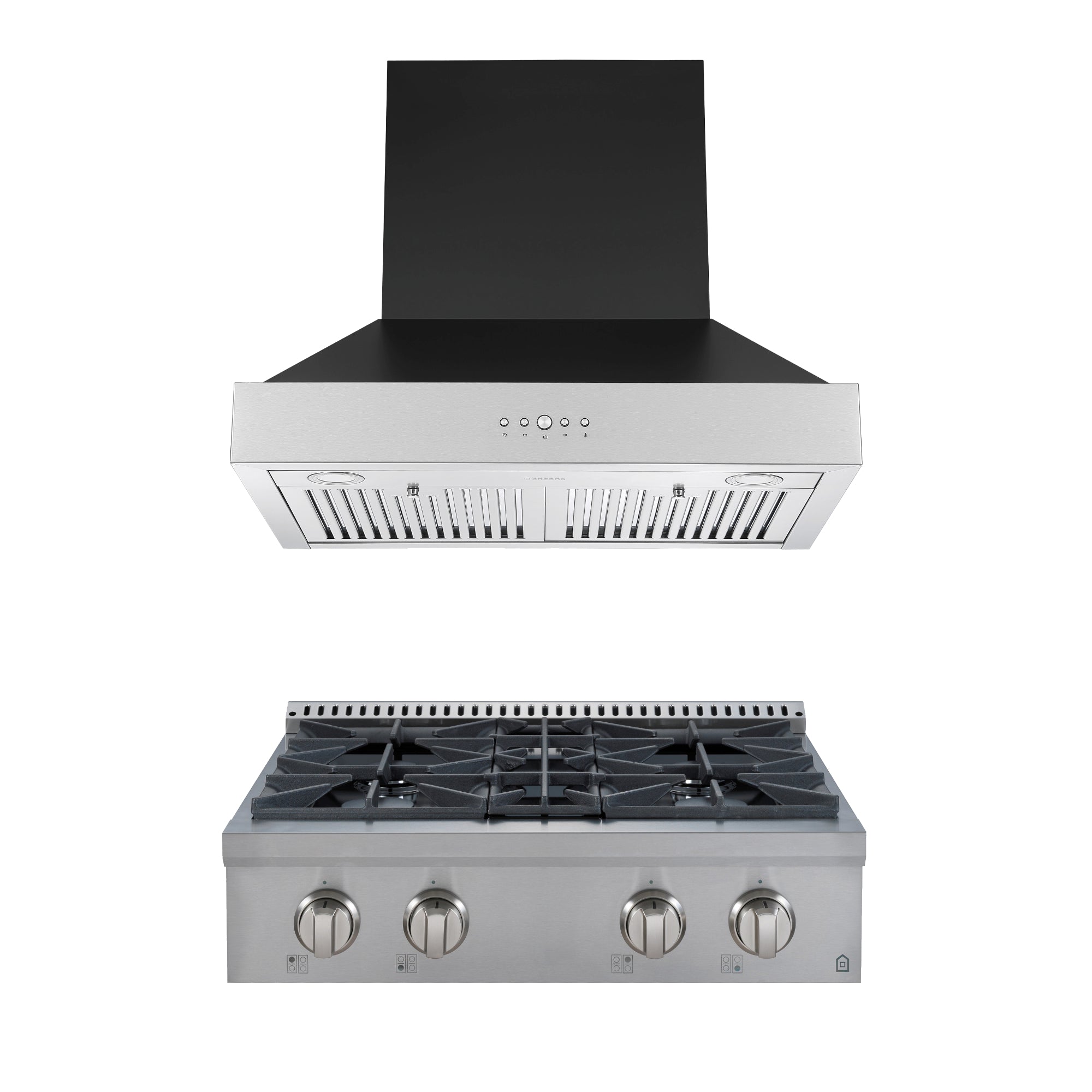 Ancona 2-Piece Commercial Kitchen Appliance Set - 30-Inch 4-Burner Gas Cooktop with 600 CFM Wall Mount Range Hood - Perfect for Home Chefs & Restaurant-Style Cooking