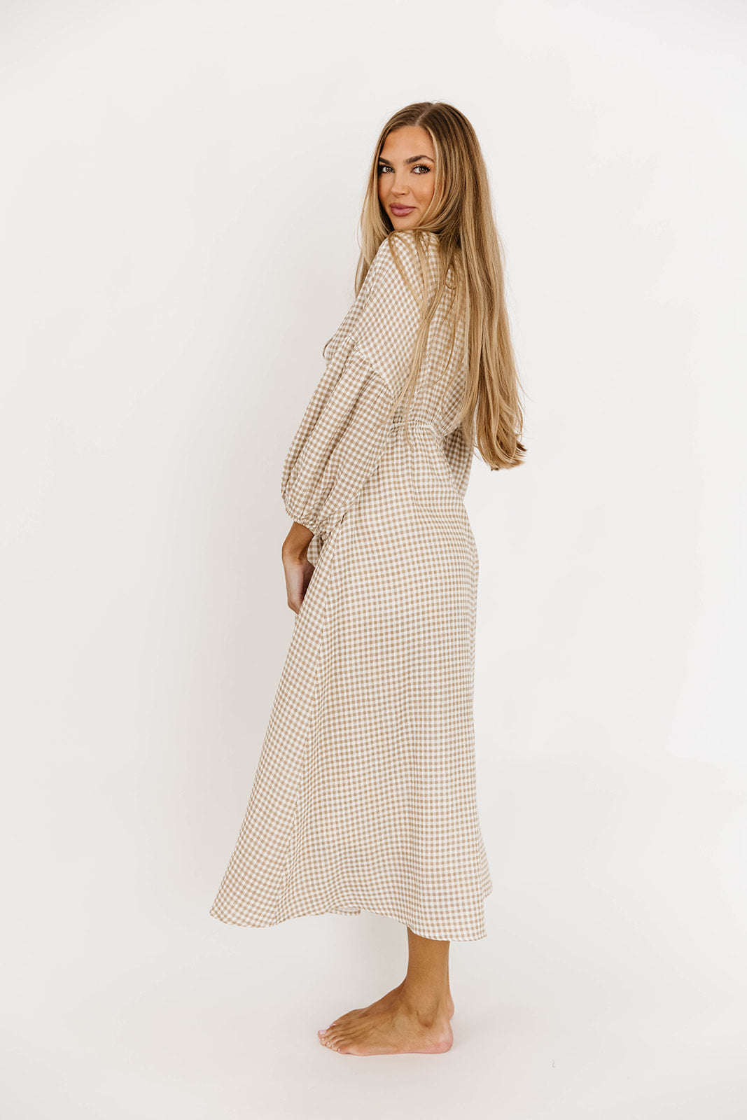 Hunter Printed Gauze Midi Dress in Natural Plaid - Bump Friendly Maternity Dress for Summer, Beach & Casual Wear