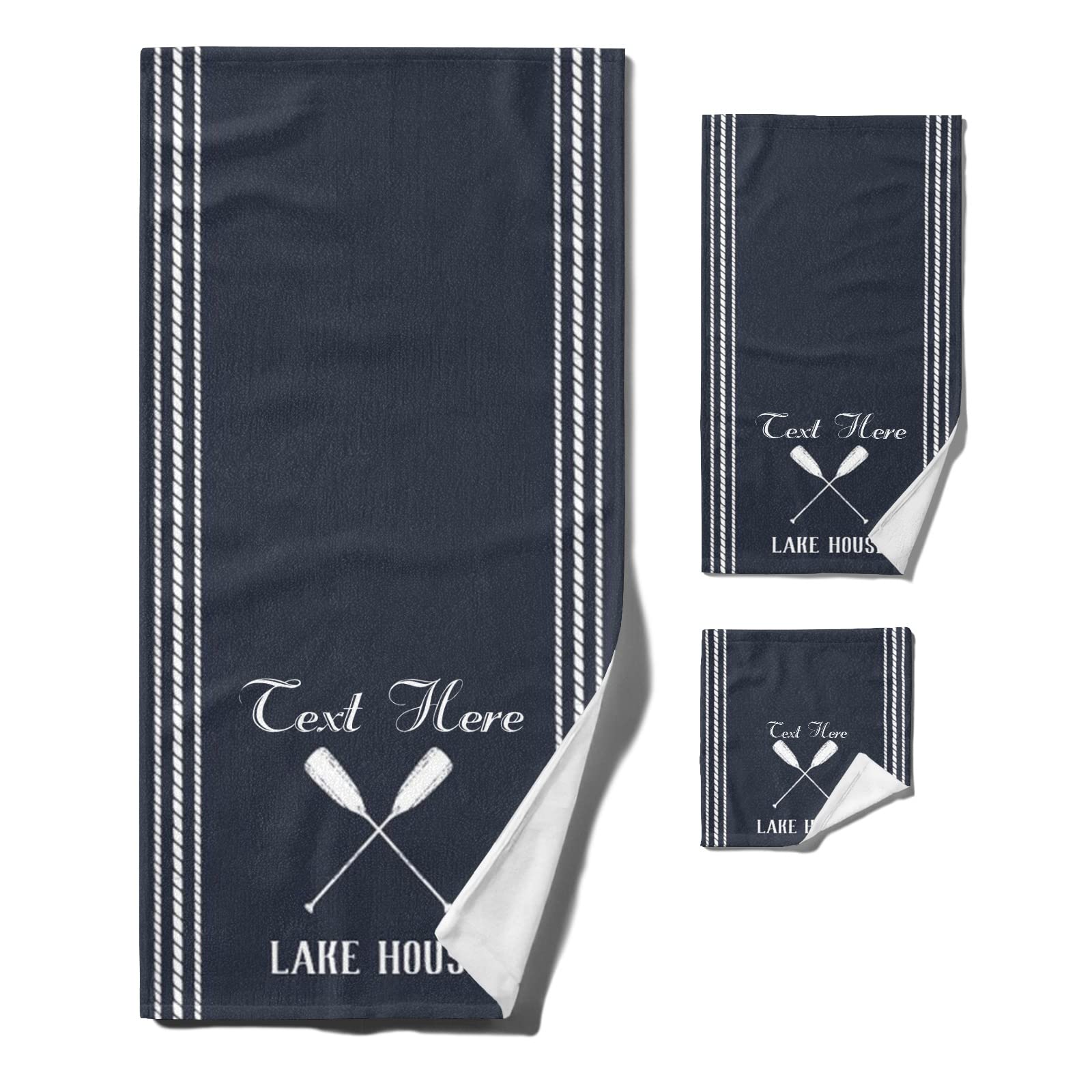 Personalized Custom Blue Stripe Lake House Beach Towel Set of 3 - Monogrammed Bath, Hand & Washcloth Towels for Camping, Hiking, Kitchen & Home Decor | Perfect Cottage, Vacation & Gift Idea